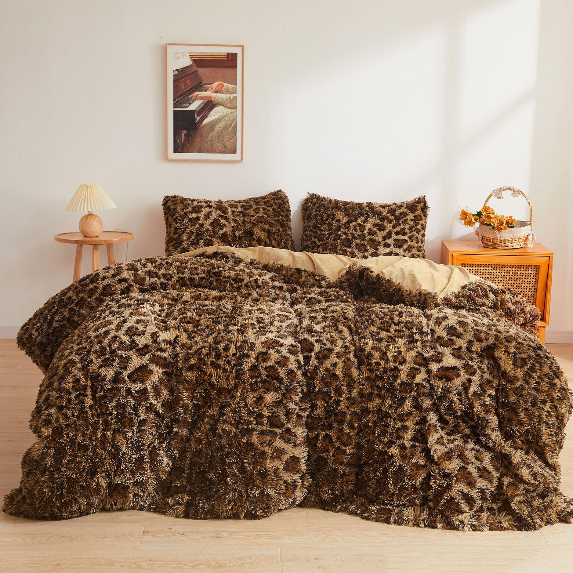 Xege Cheetah Print Fluffy Faux Fur Duvet Cover Set, 3 Pieces Soft Plush Shaggy Fuzzy Bedding Set(1 Faux Fur Leopard Print Comfor