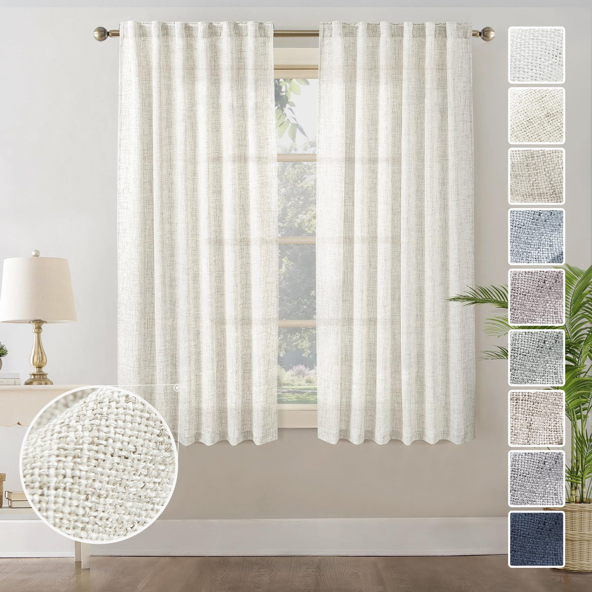 Natural Short Linen Textured Curtains 45 Inch Length For Kitchen Bathroom Windows 2 Panels Set Back Tab Farmhouse Boho Light Fil