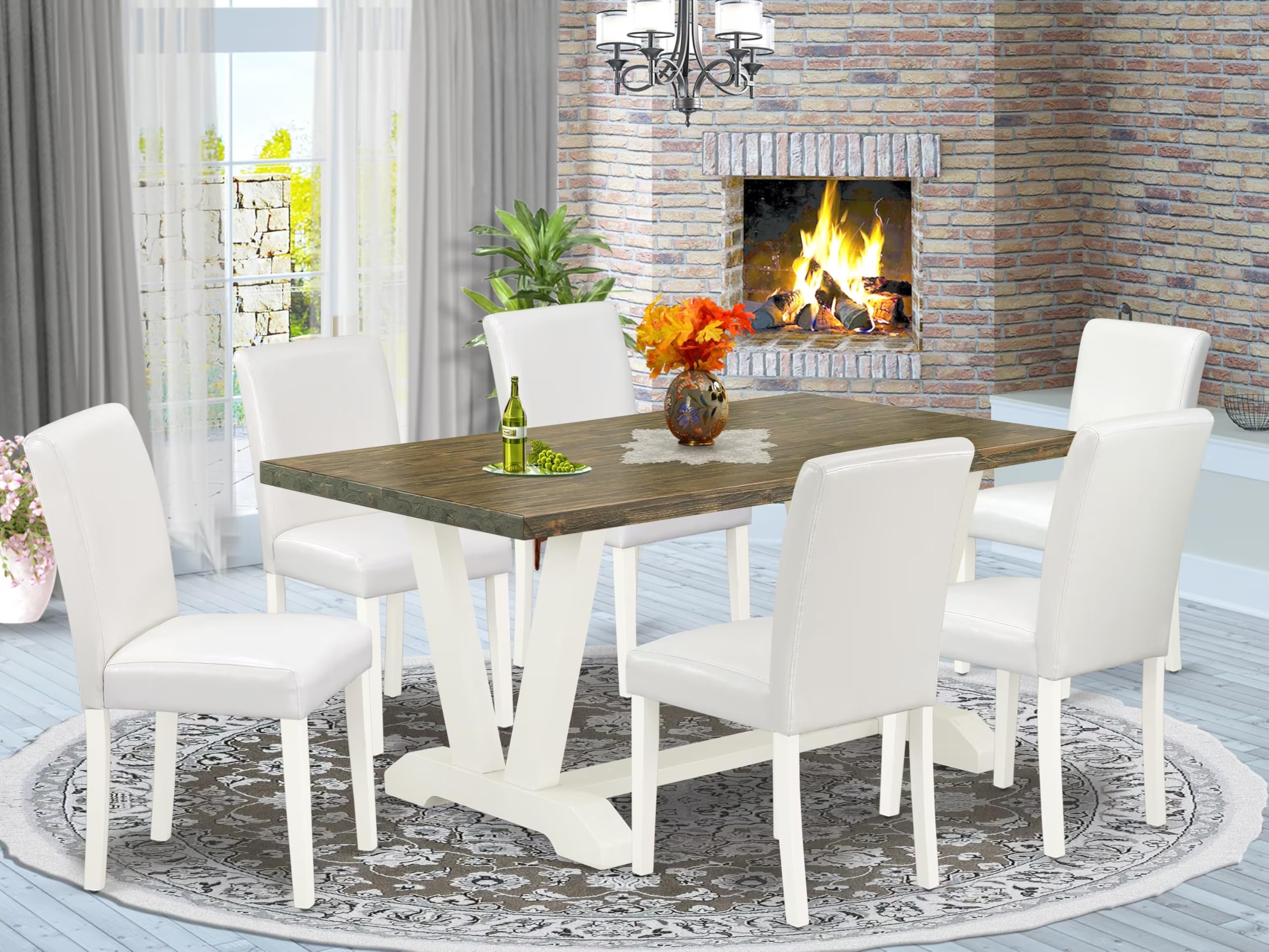 East West Furniture V076Ab264-7 7 Piece Dining Room Furniture Set Consist Of A Rectangle Dining Table With V-Legs And 6 White Faux Leather Upholstered Chairs, 36X60 Inch, Multi-Color