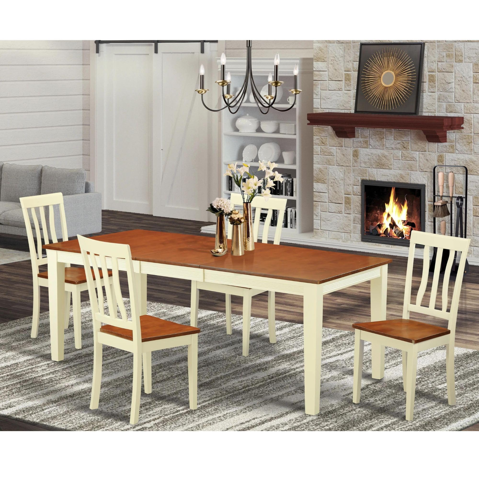 East West Furniture QUAN5-WHI-W 5 Piece Dining Room Furniture Set Includes a Rectangle Wooden Table with Butterfly Leaf and 4 Kitchen Dining Chairs, 40x78 Inch, Buttermilk & Cherry