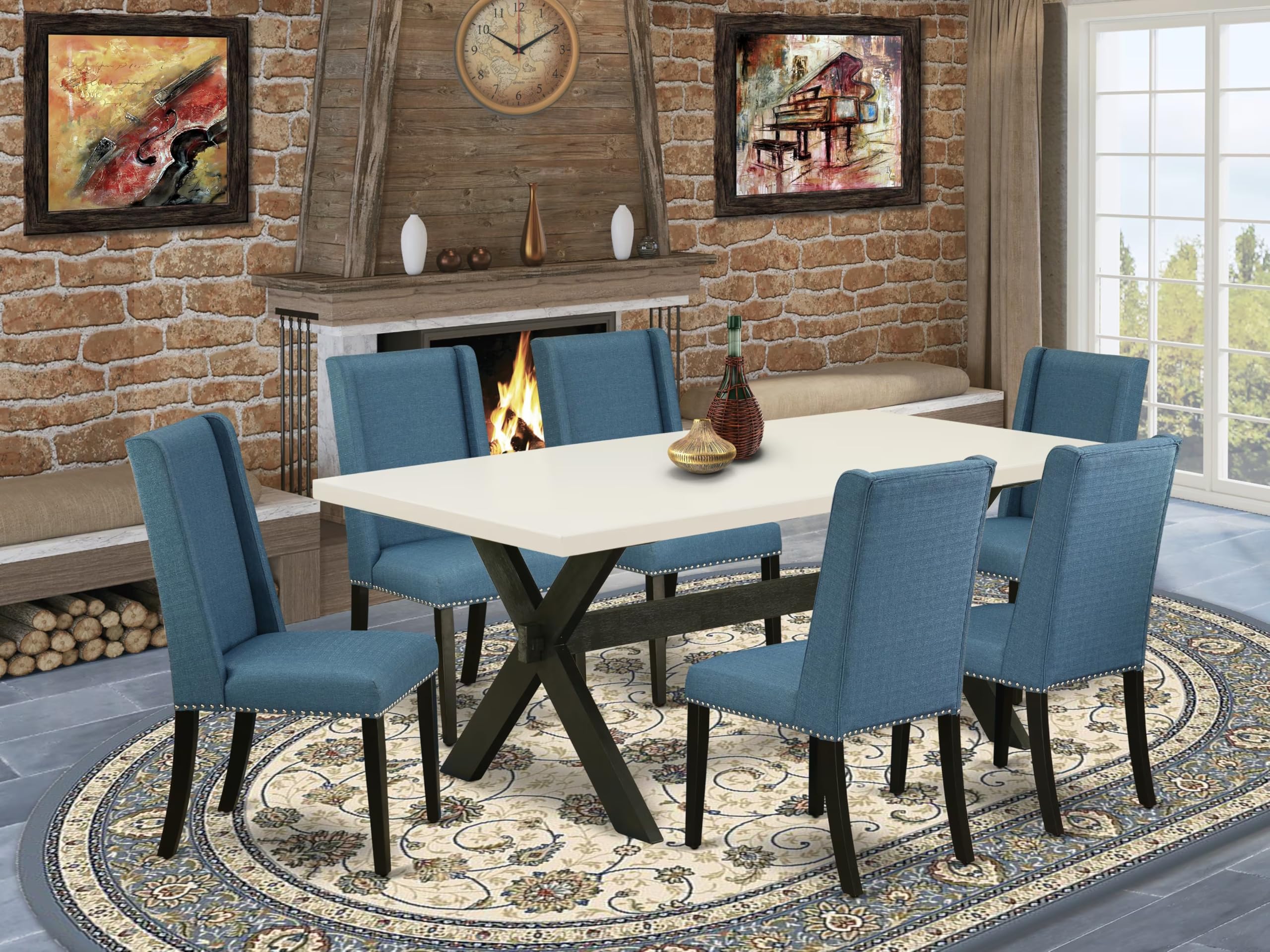 East West Furniture X627Fl121-7 7 Piece Kitchen Table Set Consist Of A Rectangle Dining Table With X-Legs And 6 Blue Linen Fabric Parsons Dining Chairs, 40X72 Inch, Multi-Color
