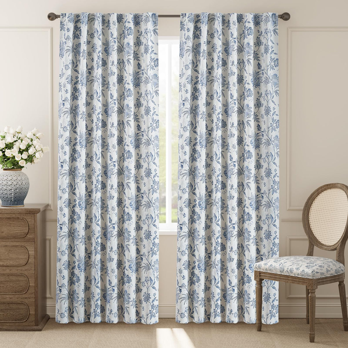 Jinchan Blackout Floral Curtains For Bedroom, 90 Inches Long Curtains With Printed Flower Black Out Curtains, Rod Pocket Back Ta
