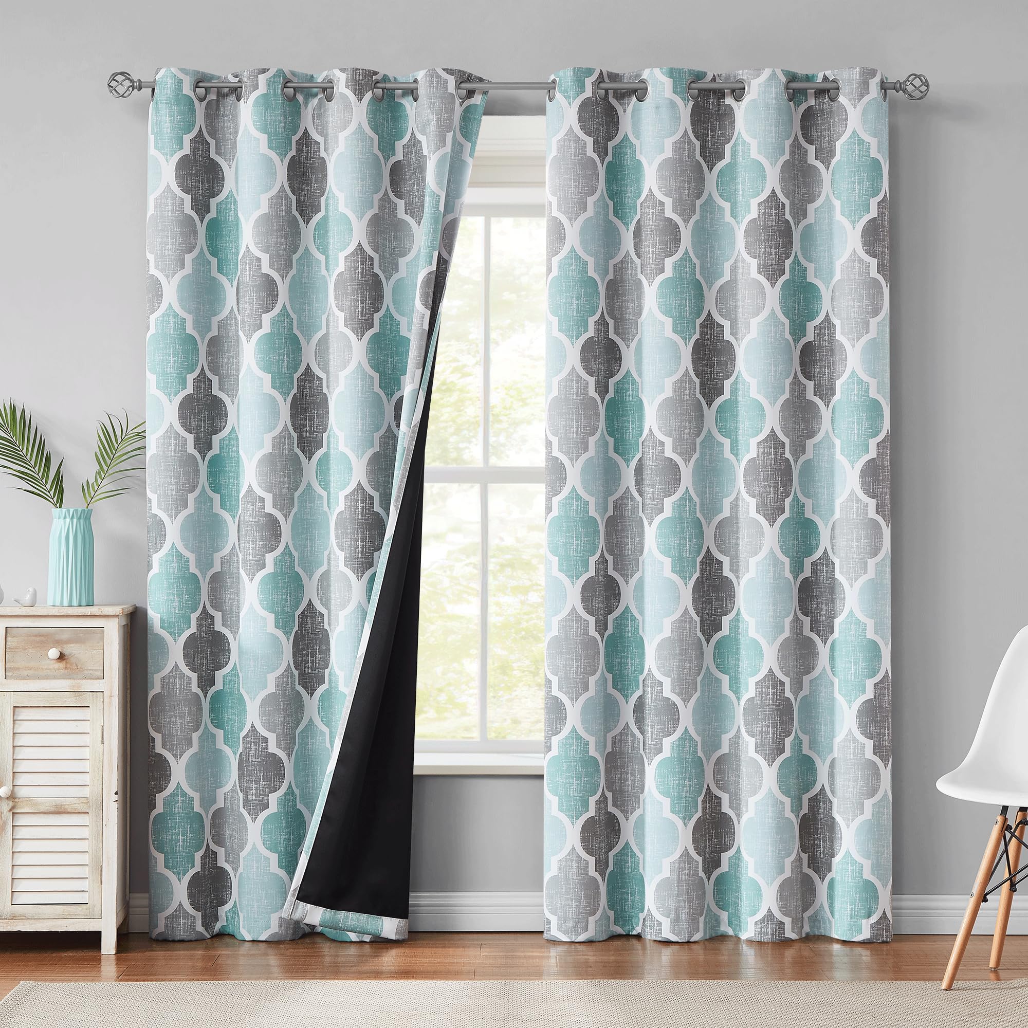 Beauoop 100% Blackout Curtains 96 Inches Long 2 Panels for Bedroom Living Room Aqua Grey Moroccan Geo Room Darkening Thermal Ins
