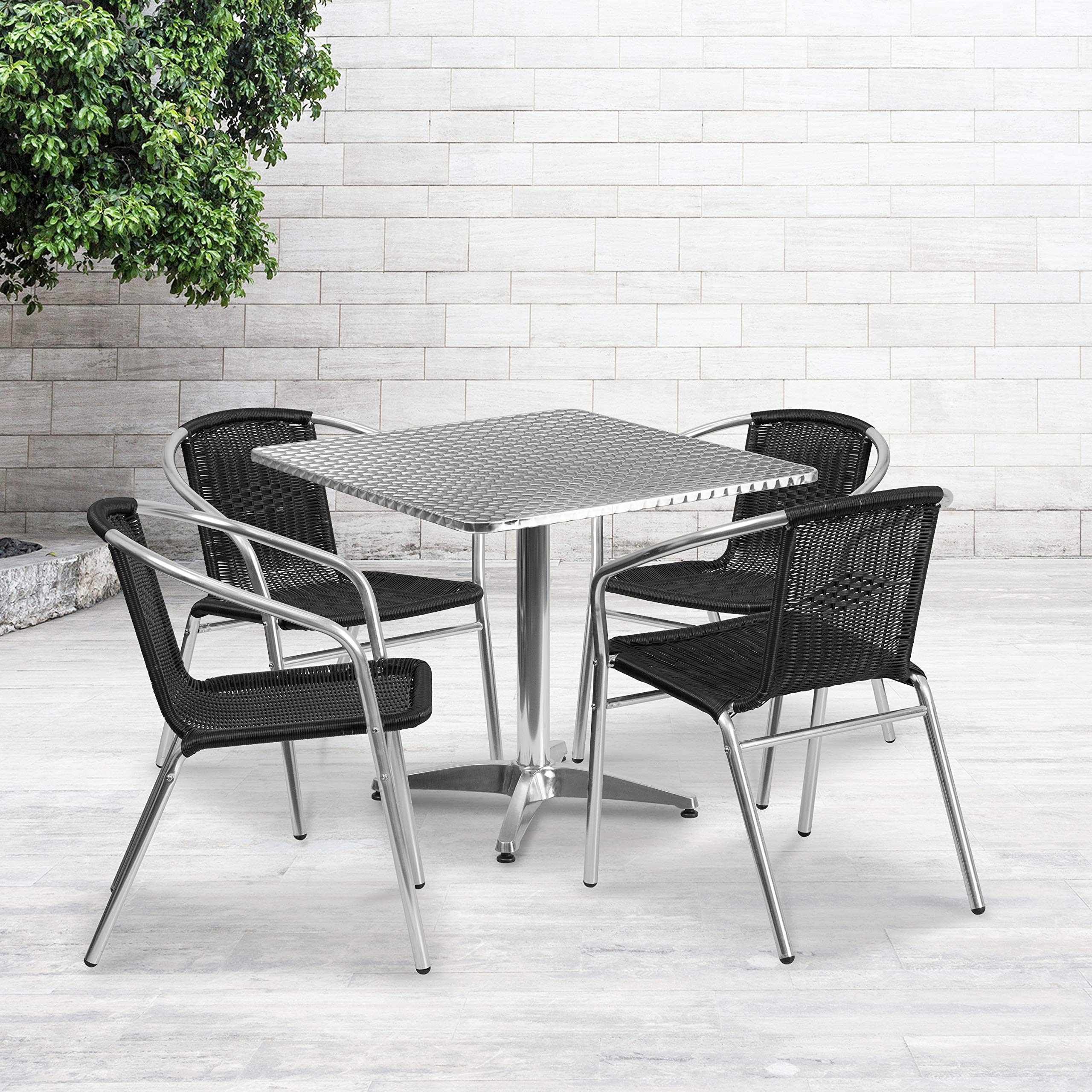 Flash Furniture 31.5'' Square Aluminum Indoor-Outdoor Table Set with 4 Black Rattan Chairs