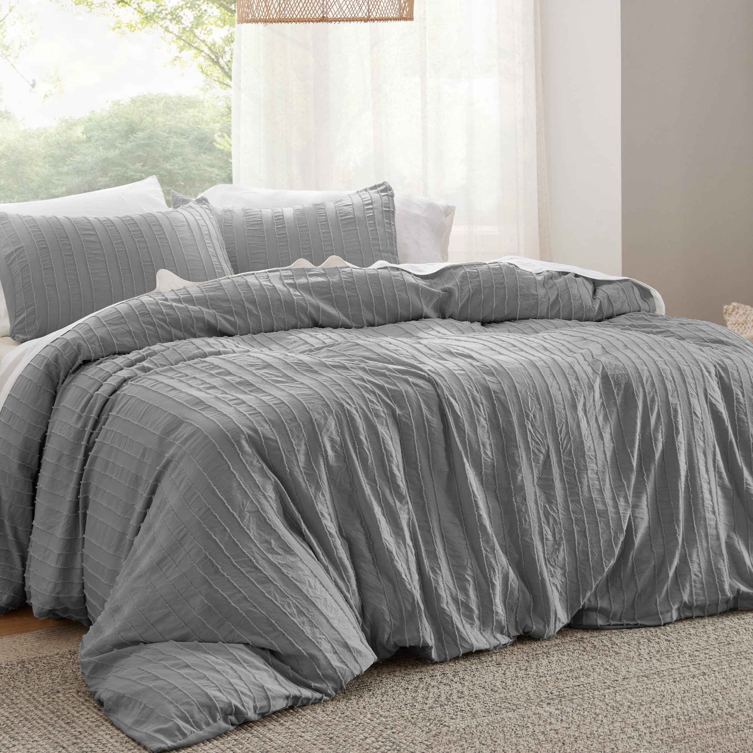 Bedsure Striped Boho Duvet Cover King Size - Shabby Chic Tufted Boho Bedding Set, 3 Pieces Shabby Chic Home Bedding For All Seasons, Includes 1 King Duvet Cover & 2 Pillowcases (Grey, 104' X 90')