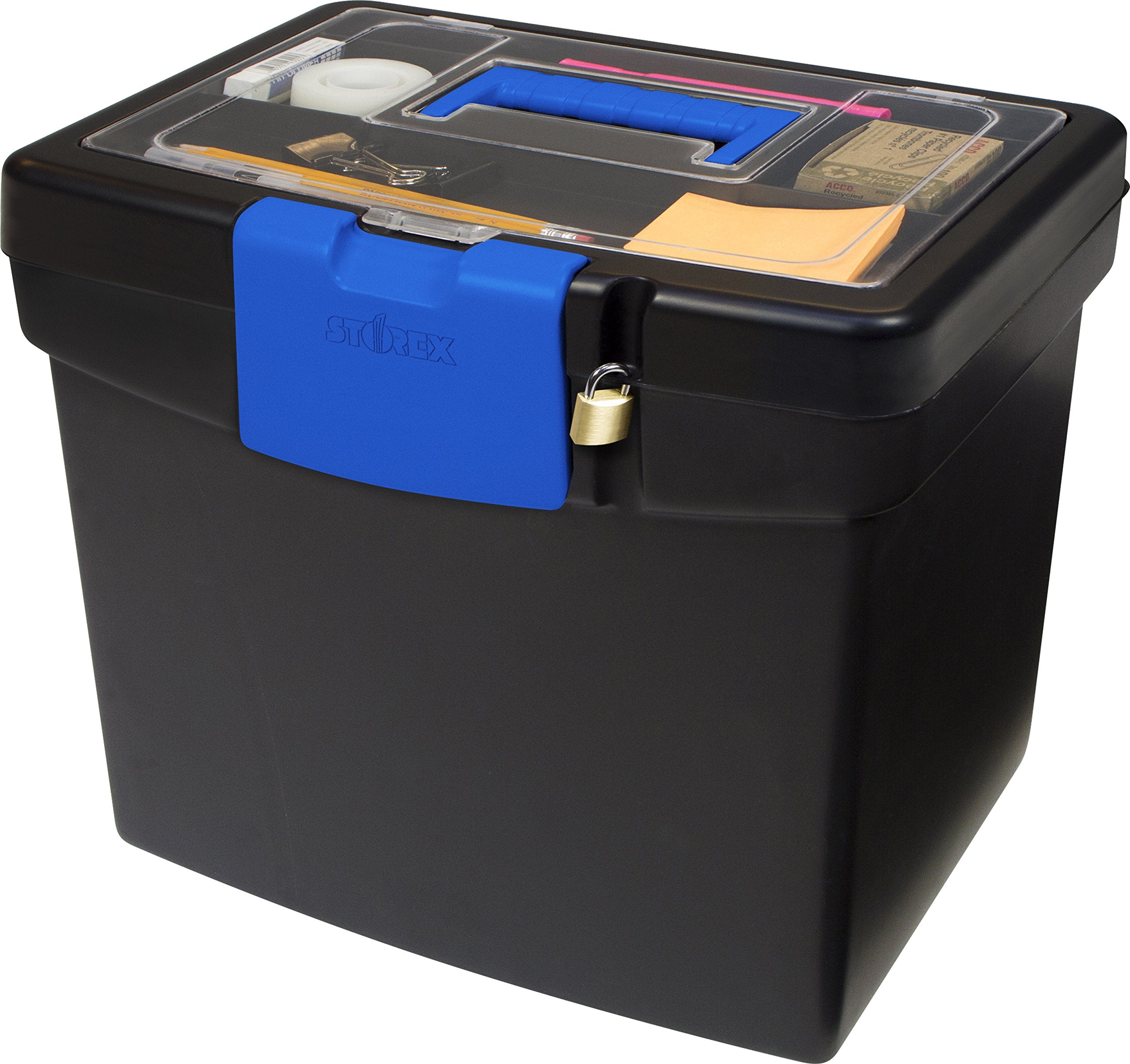 Storex Portable File Box With Organizer Lid - Plastic Office File Storage Box For Letter Paper And Hanging Folders, Black/Blue,