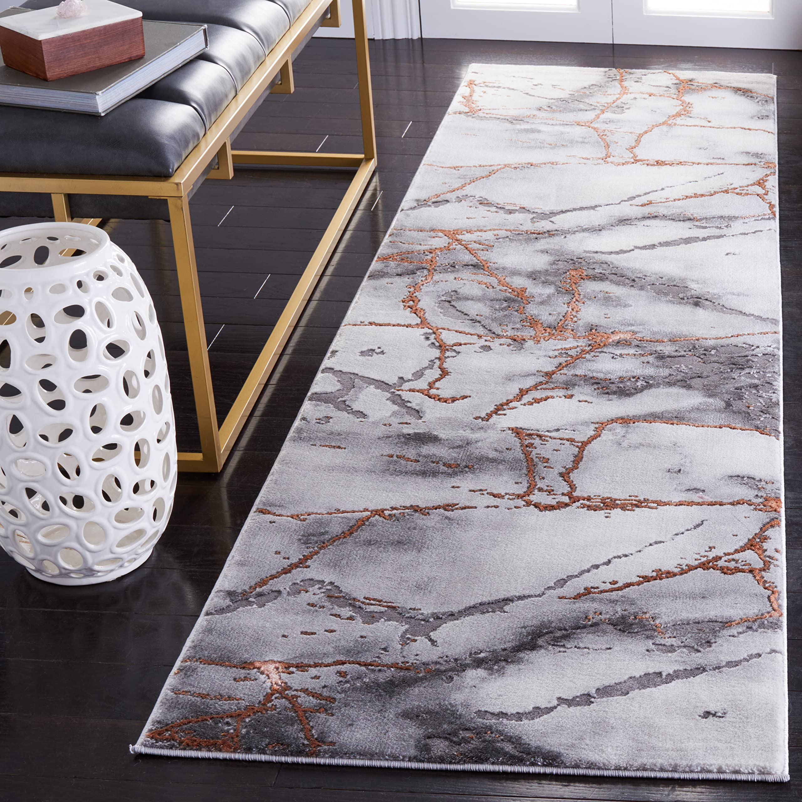 SAFAVIEH Craft Collection Runner Rug - 23 x 18, Grey & Orange, Modern Abstract Marble Pattern Design, Non-Shedding & Easy Care