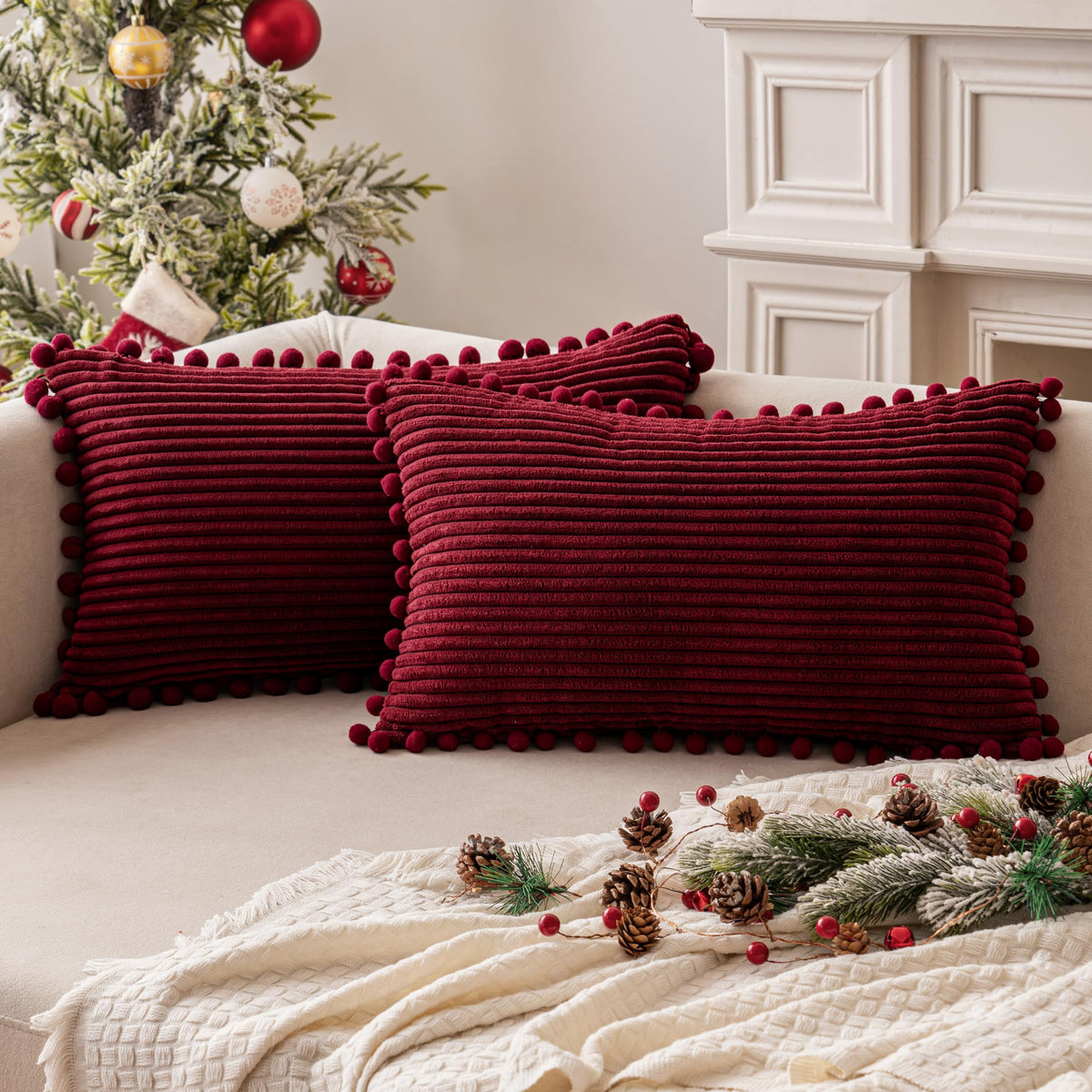 MIULEE Christmas Boho Decorative Throw Pillow Covers with Pom-poms, Soft Corduroy Square Solid Cushion Cases Pillowcases for Cou
