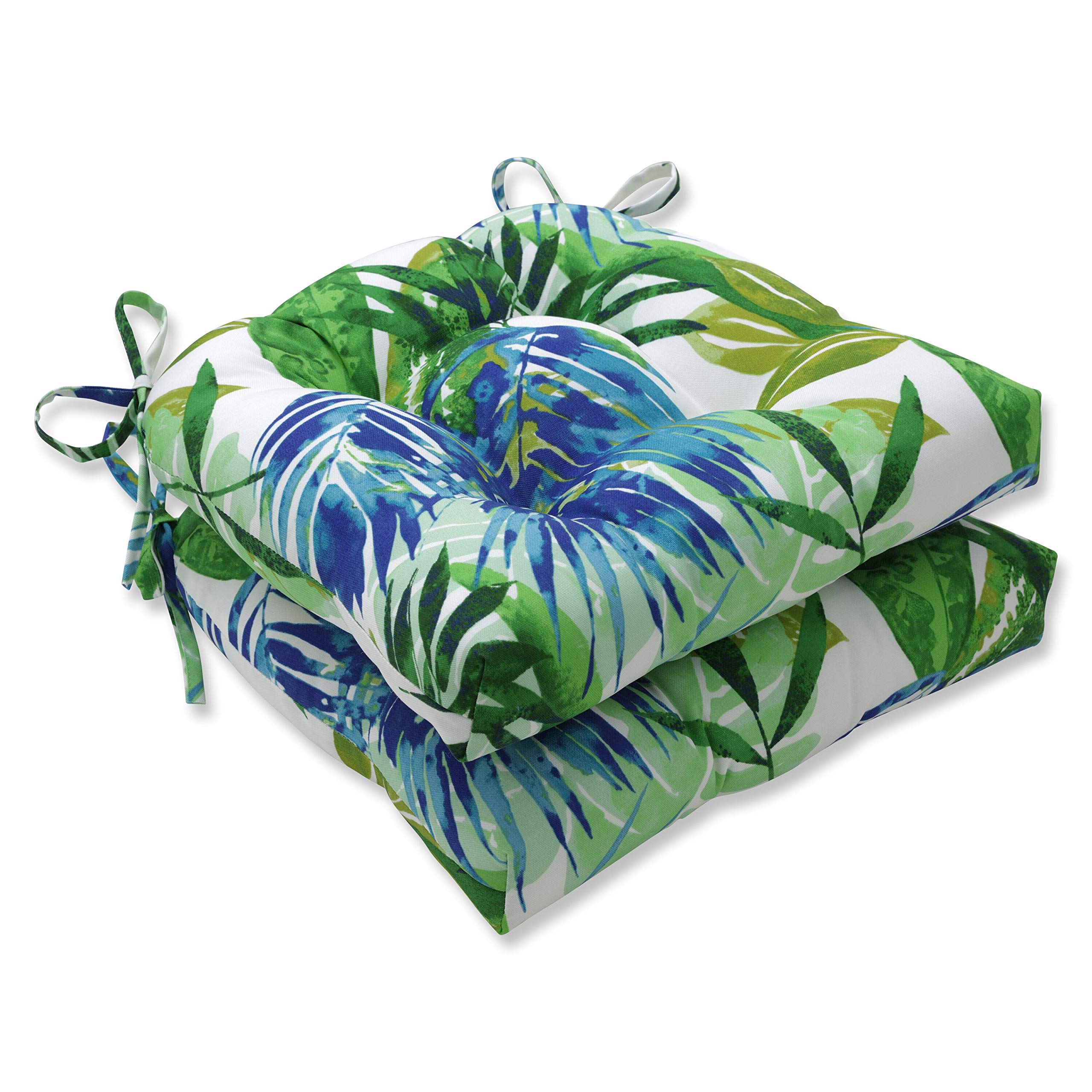 Pillow Perfect Tropic Floral Indoor/Outdoor Chairpad With Ties Tufted, Weather, And Fade Resistant, 17' X 17.5', Blue/Green So