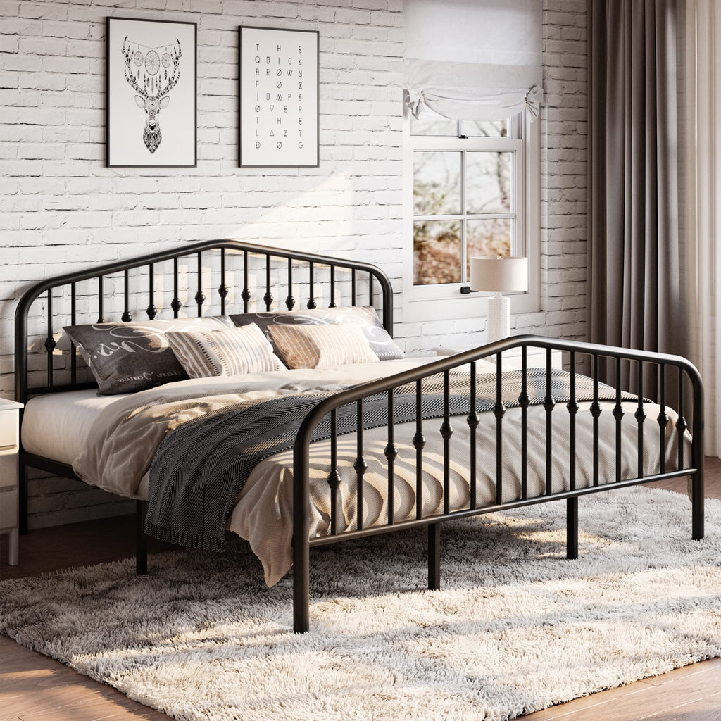 Sha Cerlin King Size Metal Platform Bed Frame With Victorian Style Wrought Iron-Art Headboard/Footboard, No Box Spring Required, Black