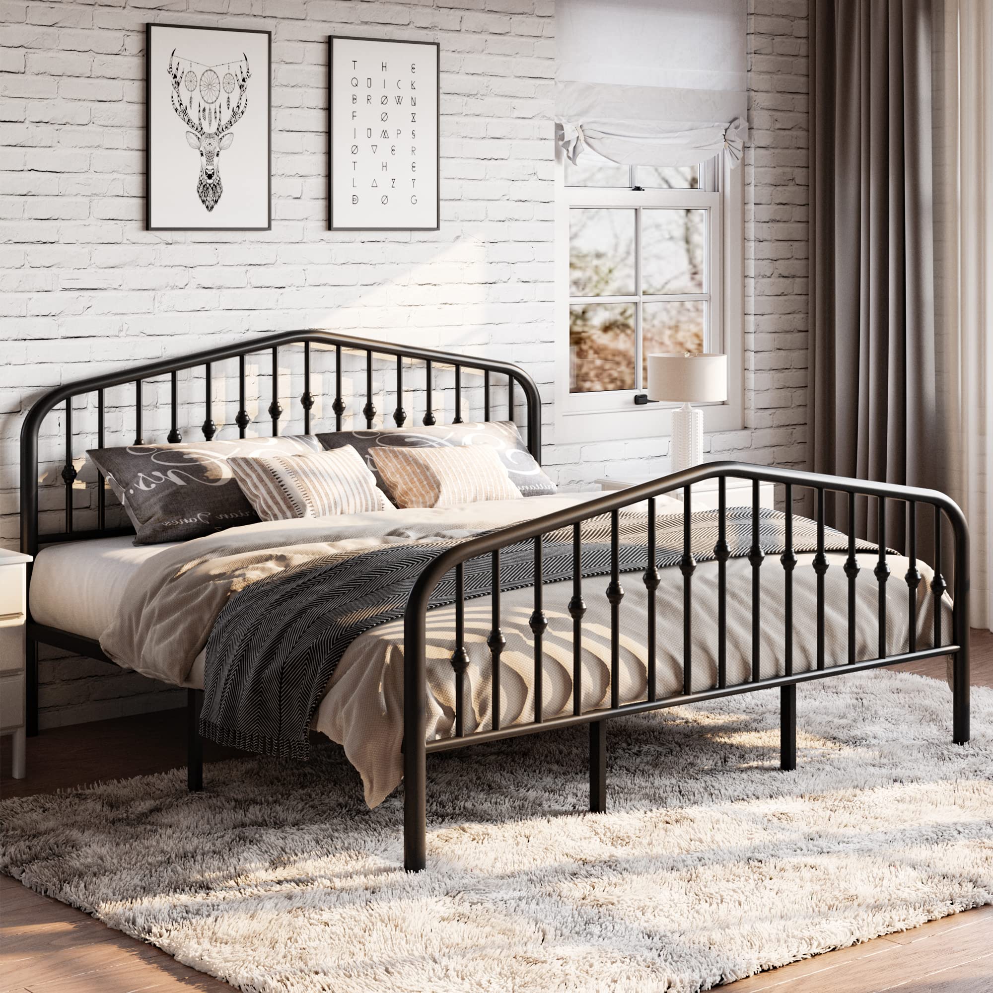 Sha Cerlin King Size Metal Platform Bed Frame With Victorian Style Wrought Iron-Art Headboard/Footboard, No Box Spring Required, Black