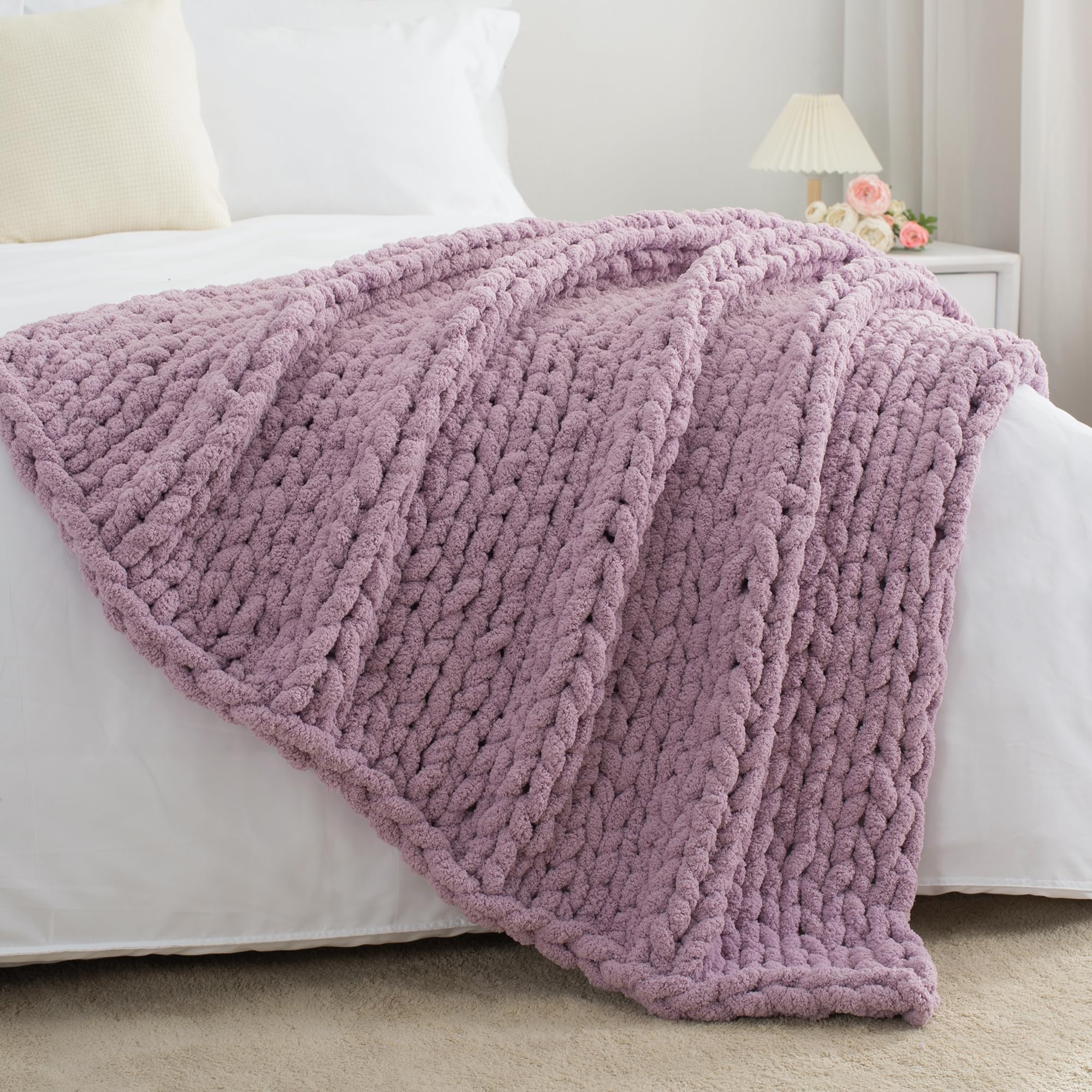 Carriediosa Chunky Knit Throw Blanket 60'' X 80'' Twin, 100% Hand Made Large Chenille Loop Yarn Soft Fluffy Throws For Couch Sof