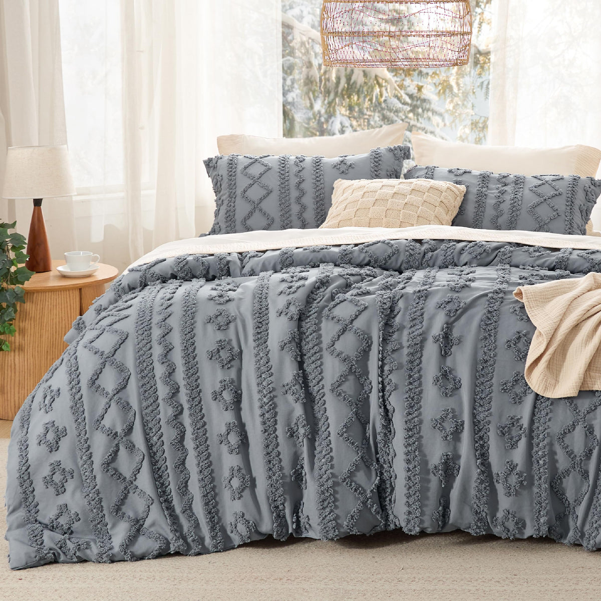 Bedsure Tufted Boho Comforter Set Queen - Grey Boho Bedding Comforter Set, 3 Pieces Farmhouse Shabby Chic Embroidery Bed Set, Gi