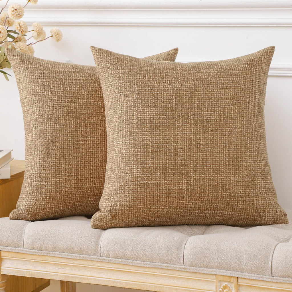 Otostar Pack Of 2 Throw Pillow Covers 18X18 Inch Linen Light Brown Pillowcases Farmhouse Decorative Solid Pillow Covers 45X45 Cm