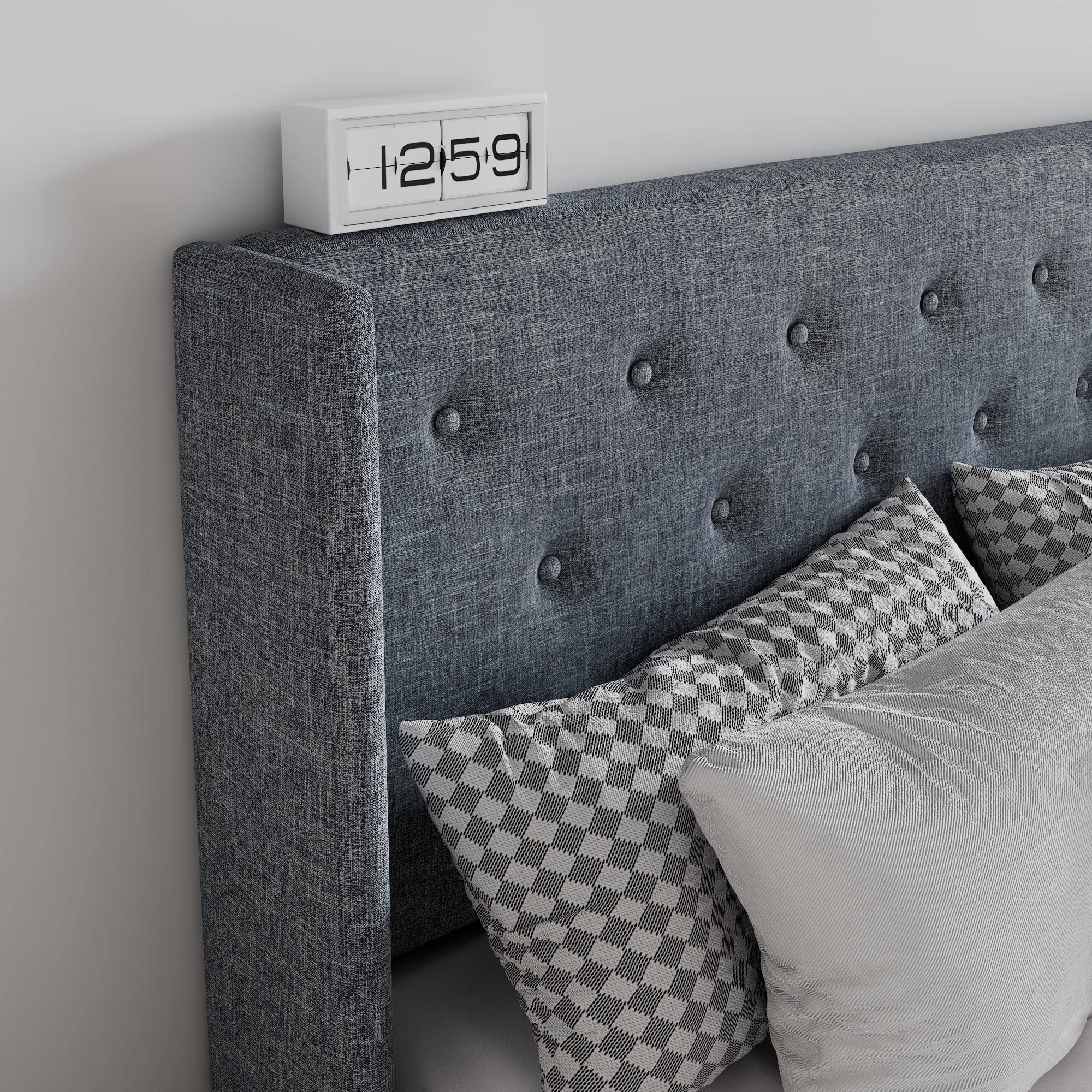 Sha Cerlin Full Size Lift Up Storage Bed/Button Tufted Wingback Headboard/Hydraulic Storage/Upholstered Platform Bed Frame/No Box Spring Needed/Wood Slats Support/Grey Blue