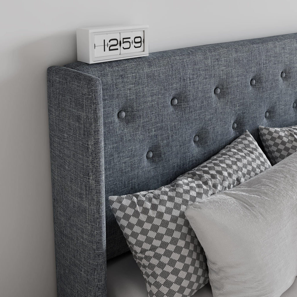 Sha Cerlin Full Size Lift Up Storage Bed/Button Tufted Wingback Headboard/Hydraulic Storage/Upholstered Platform Bed Frame/No Box Spring Needed/Wood Slats Support/Grey Blue