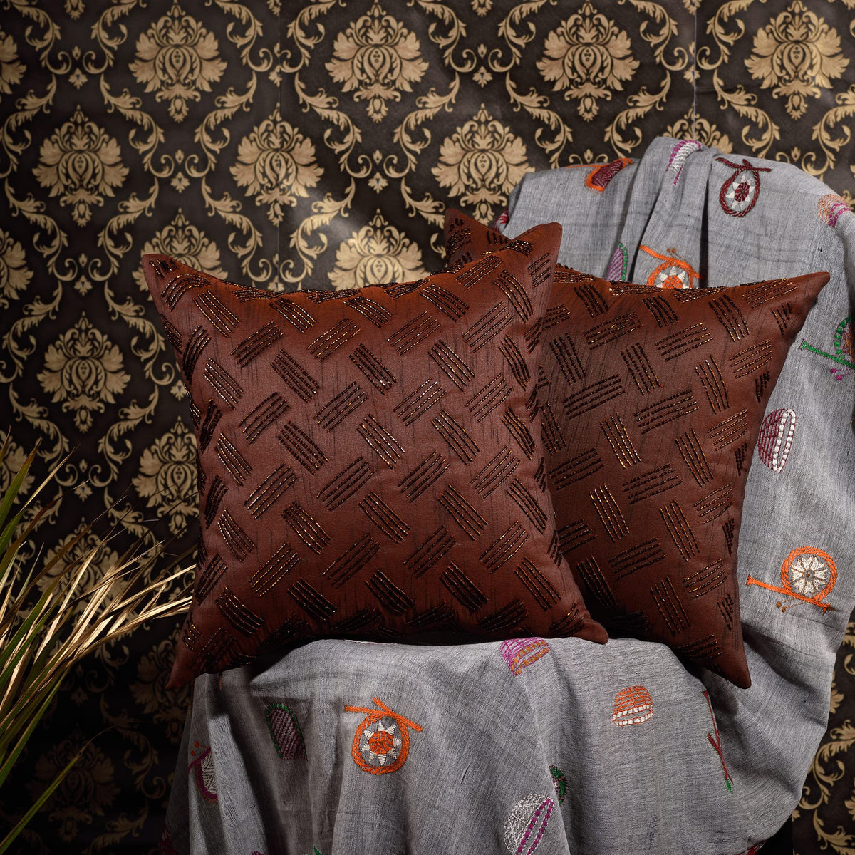 Scarlett Linens Sequence Cushion Cover 16X16 Inches | Brown Embroidered Cushion Covers Pack Of 1 | Mirror Work Beaded Cushion Co