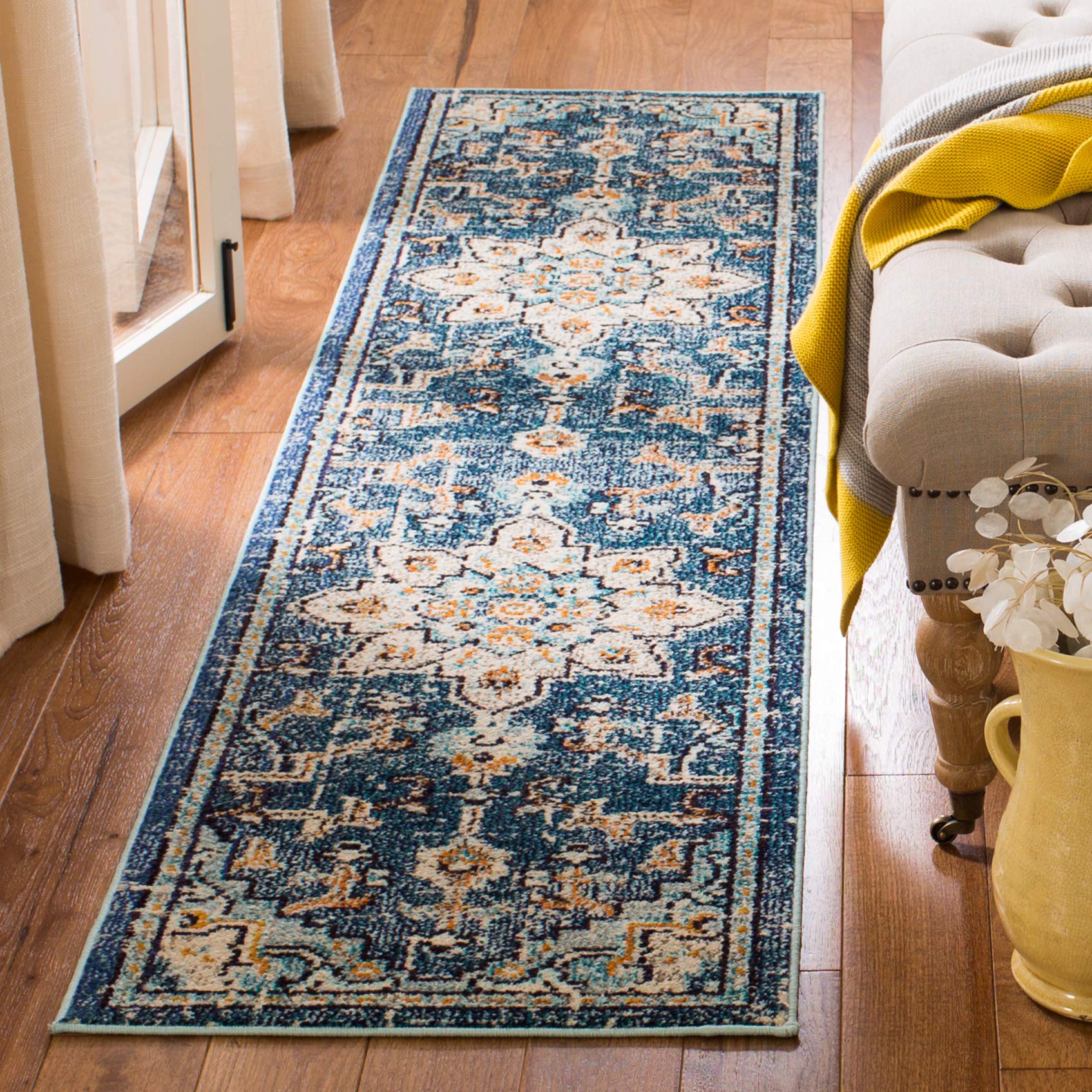 SAFAVIEH Madison Collection Runner Rug - 22 x 16, Blue & Light Blue, Boho Chic Medallion Distressed Design, Non-Shedding & Eas