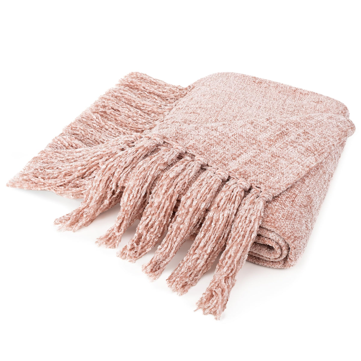Pavilia Blush Pink Throw Blanket For Couch, Twin Size Bed, Chenille Blanket For Sofa Bed, Soft Knit Woven Pink Blanket With Tass