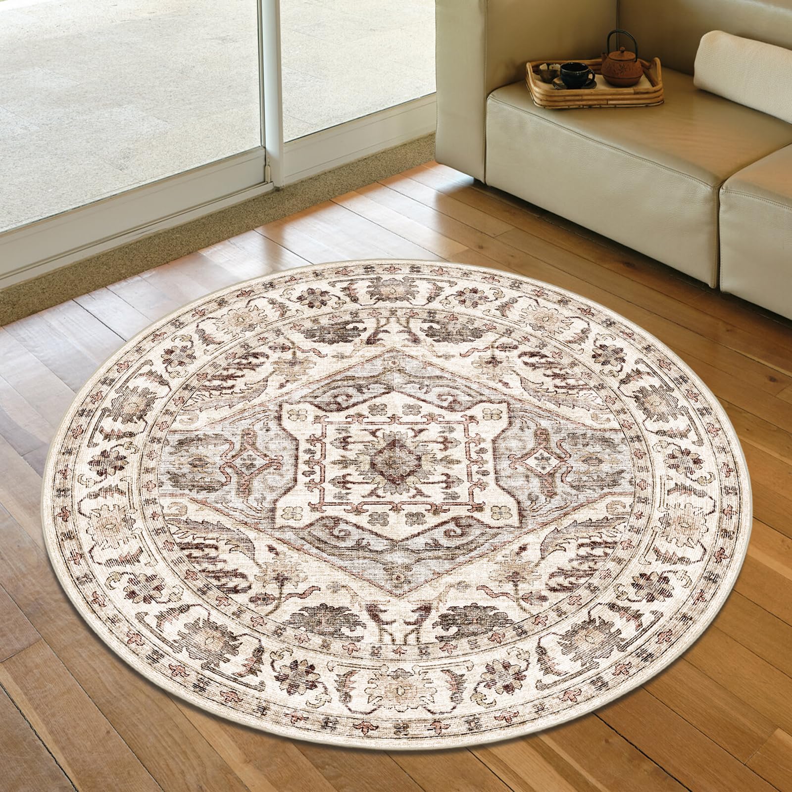 Fortsea Round Rug 6ft Washable Area Rug, Vintage Rug Indoor Floor Cover Print Distressed, Multi Circle Rug 6x6 Chenille Accent R