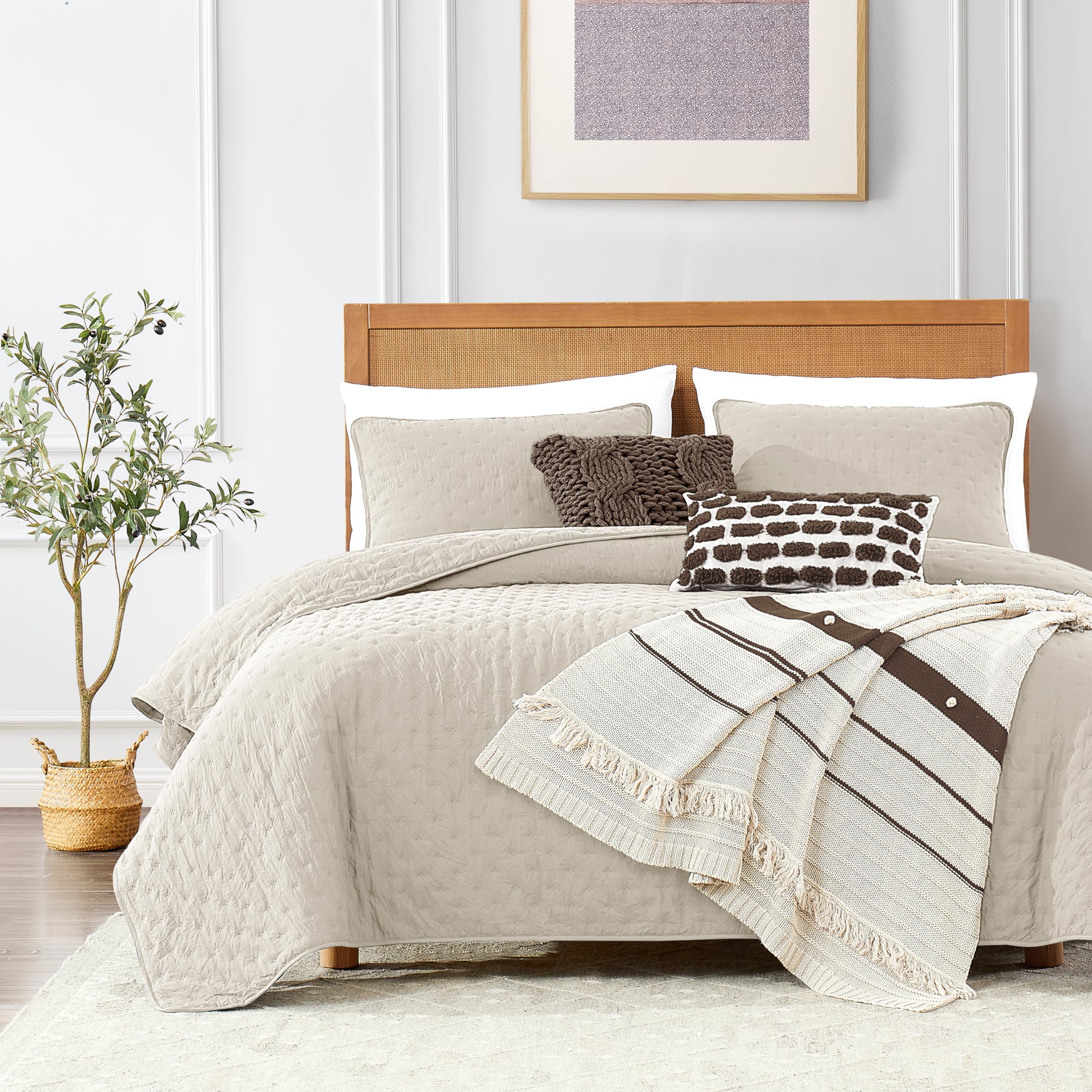 Roaringwild Beige Queen Size Quilt Bedding Set With 2 Pillow Shams, Full Lightweight Soft Microfiber Bedspread Coverlet, Thin Co