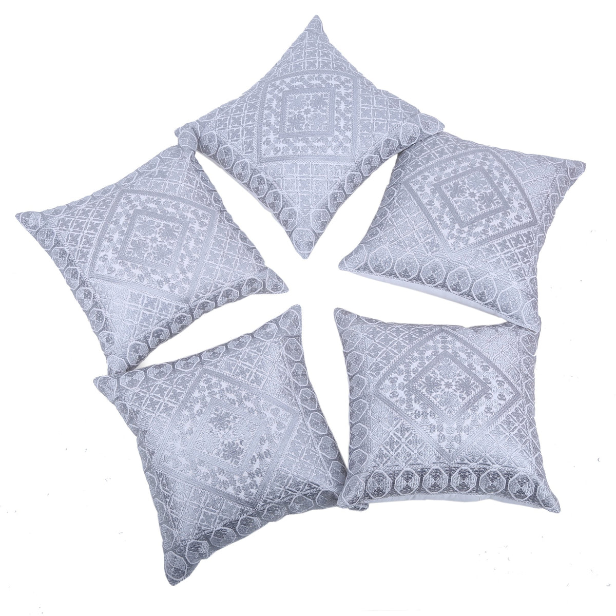 Indigenous Handicrafts Silver Linen Embroidered Cushion Cover Set Of 5 Piece (41X41 Cm)