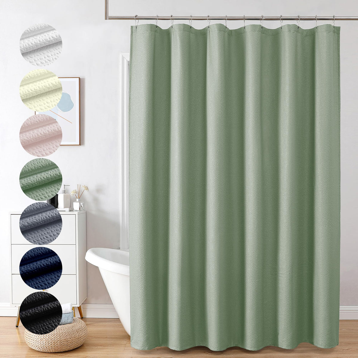 Ovzme Berry Sage Green Shower Curtain, Embossed Textured Fabric Shower Curtain For Bathroom - Soft Cloth & Hotel Spa Luxury, Wat