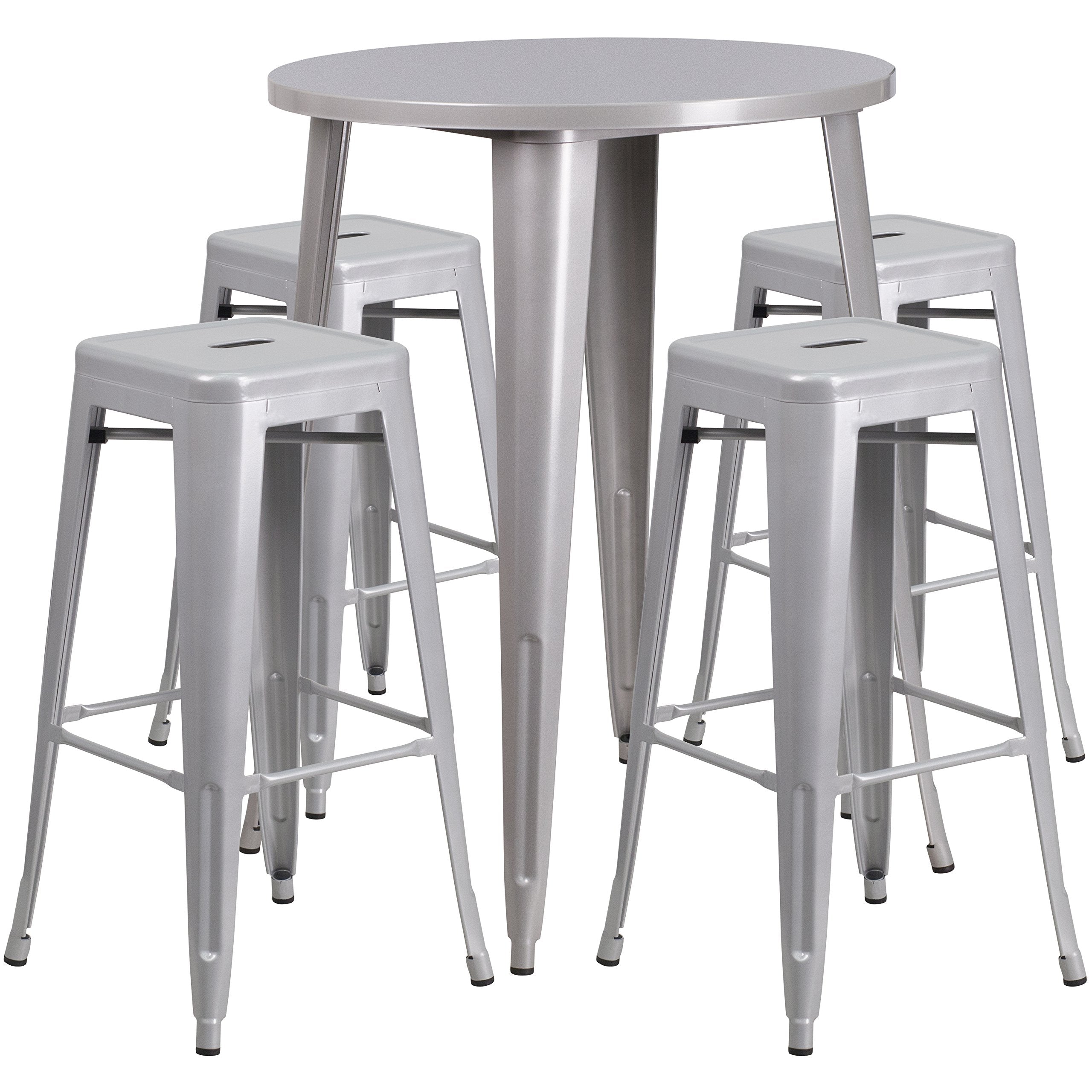 Flash Furniture Commercial Grade 30&quot; Round Silver Metal Indoor-Outdoor Bar Table Set with 4 Square Seat Backless Stools