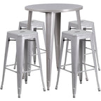 Flash Furniture Commercial Grade 30" Round Silver Metal Indoor-Outdoor Bar Table Set with 4 Square Seat Backless Stools