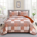 Mybedsoul Burnt Orange Quilt Set Queen Size, 3 Pieces Boho Plaid Terracotta Floral Bedspread Set Microfiber Lightweight Bohemian