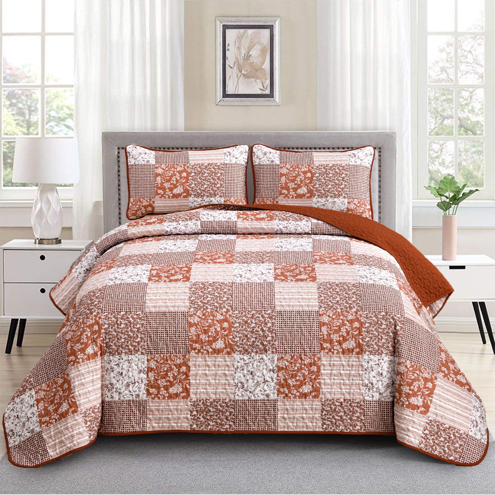 Mybedsoul Burnt Orange Quilt Set Queen Size, 3 Pieces Boho Plaid Terracotta Floral Bedspread Set Microfiber Lightweight Bohemian