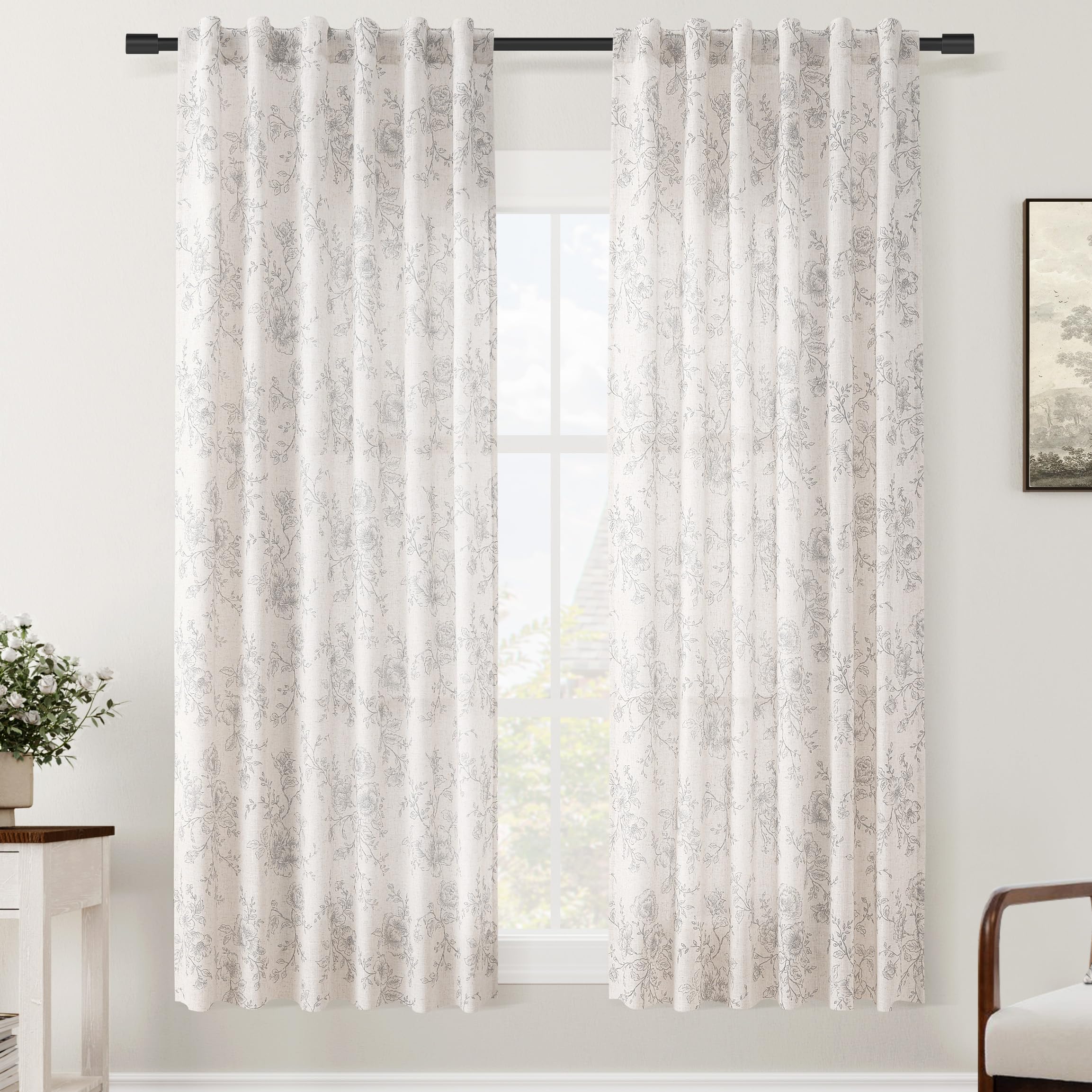 Vintage Floral Curtains 80 Inch Length 2 Panels Set For Living Room Grey And Cream Printed Curtains Back Tab Neutral Farmhouse B