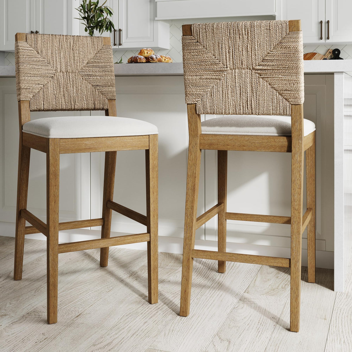 Nathan James Beacon Bohemian Boucle Bar Stool with Back, Bar Height Kitchen Island Chair, Seagrass Bar Stool, Cream Boucle/Brush