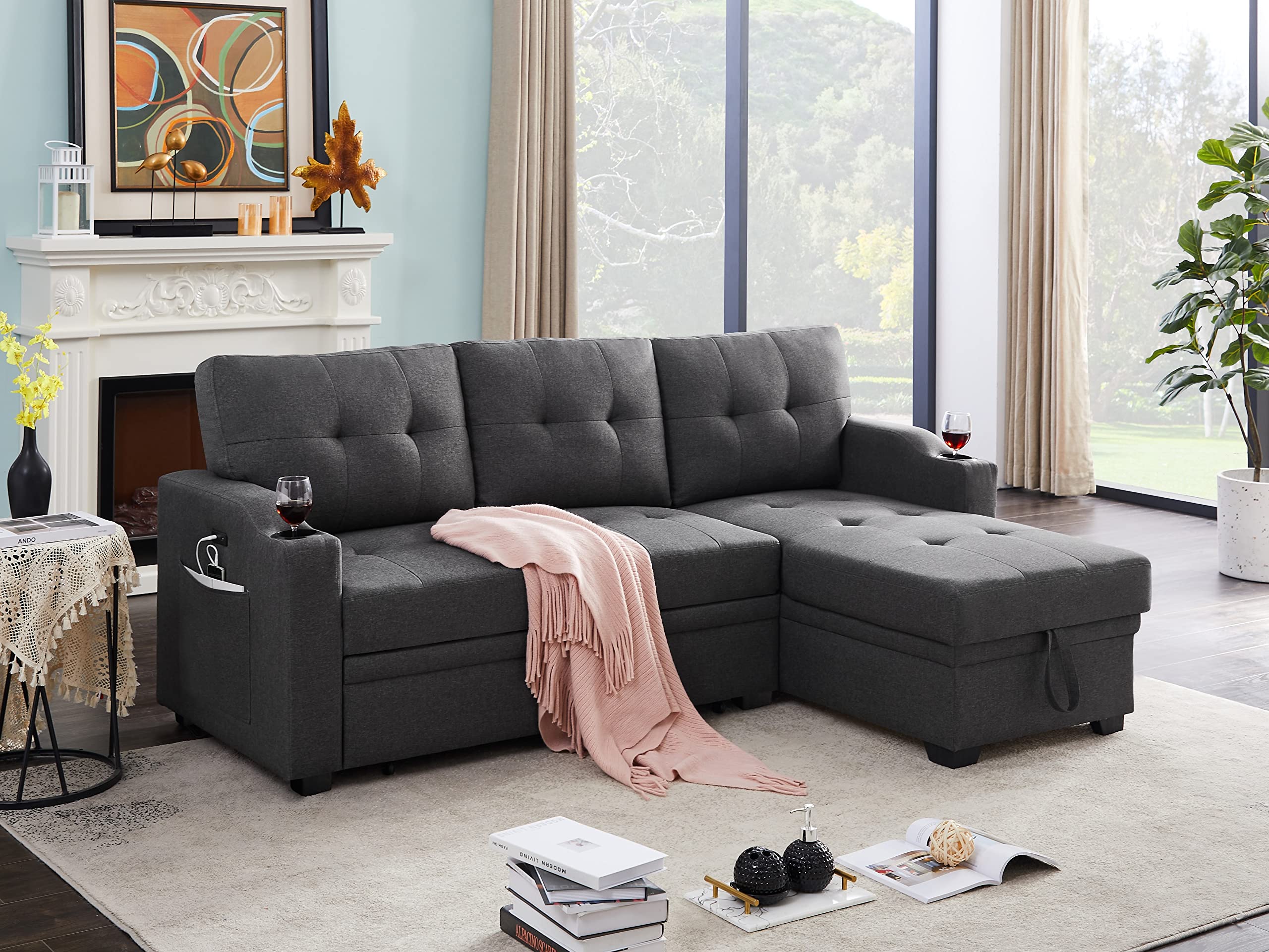 Lilola Home Mabel 83&quot; W Dark Gray Linen Fabric Sleeper Sectional with cupholder, USB Charging Port and Pocket