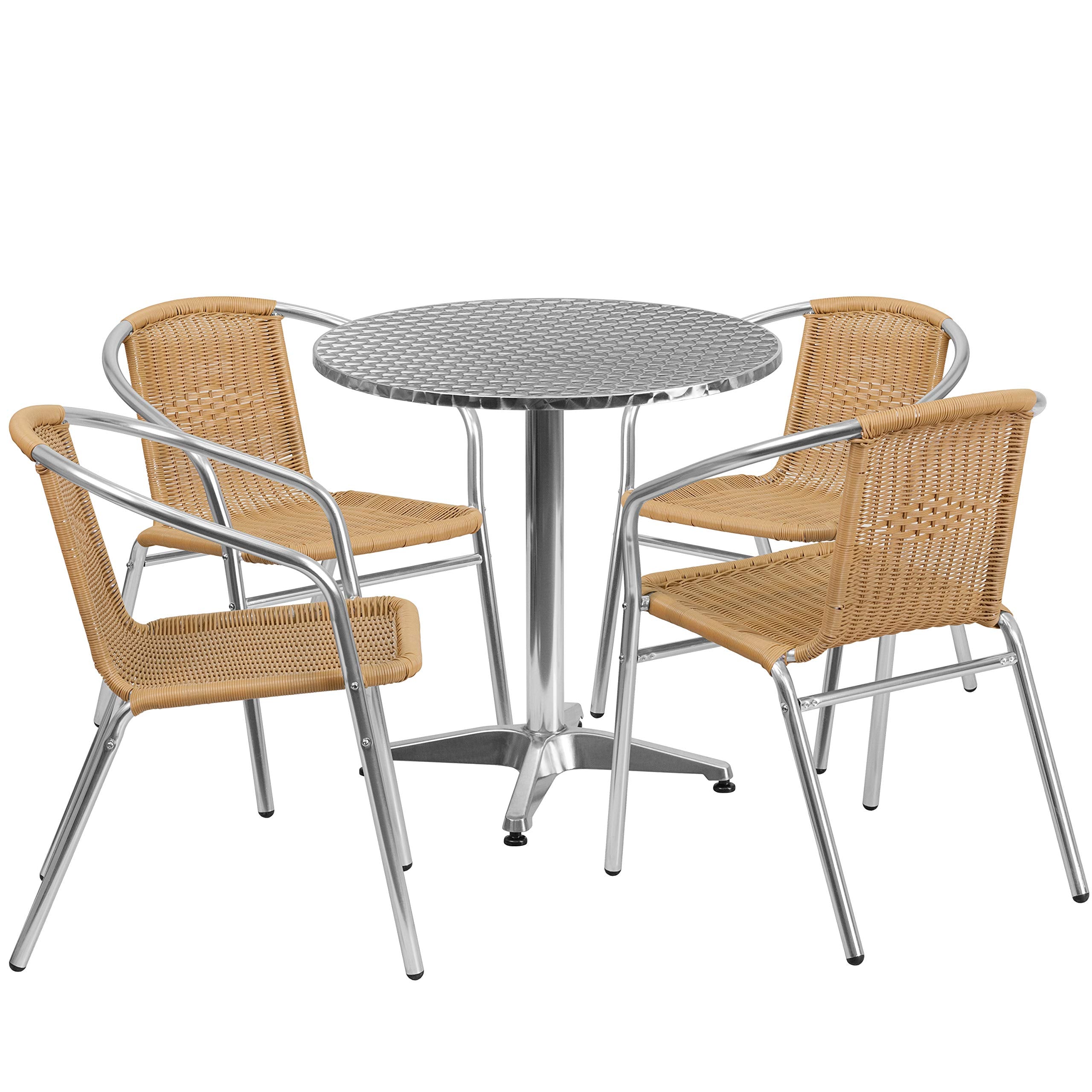 Flash Furniture 27.5'' Round Aluminum Indoor-Outdoor Table Set With 4 Beige Rattan Chairs