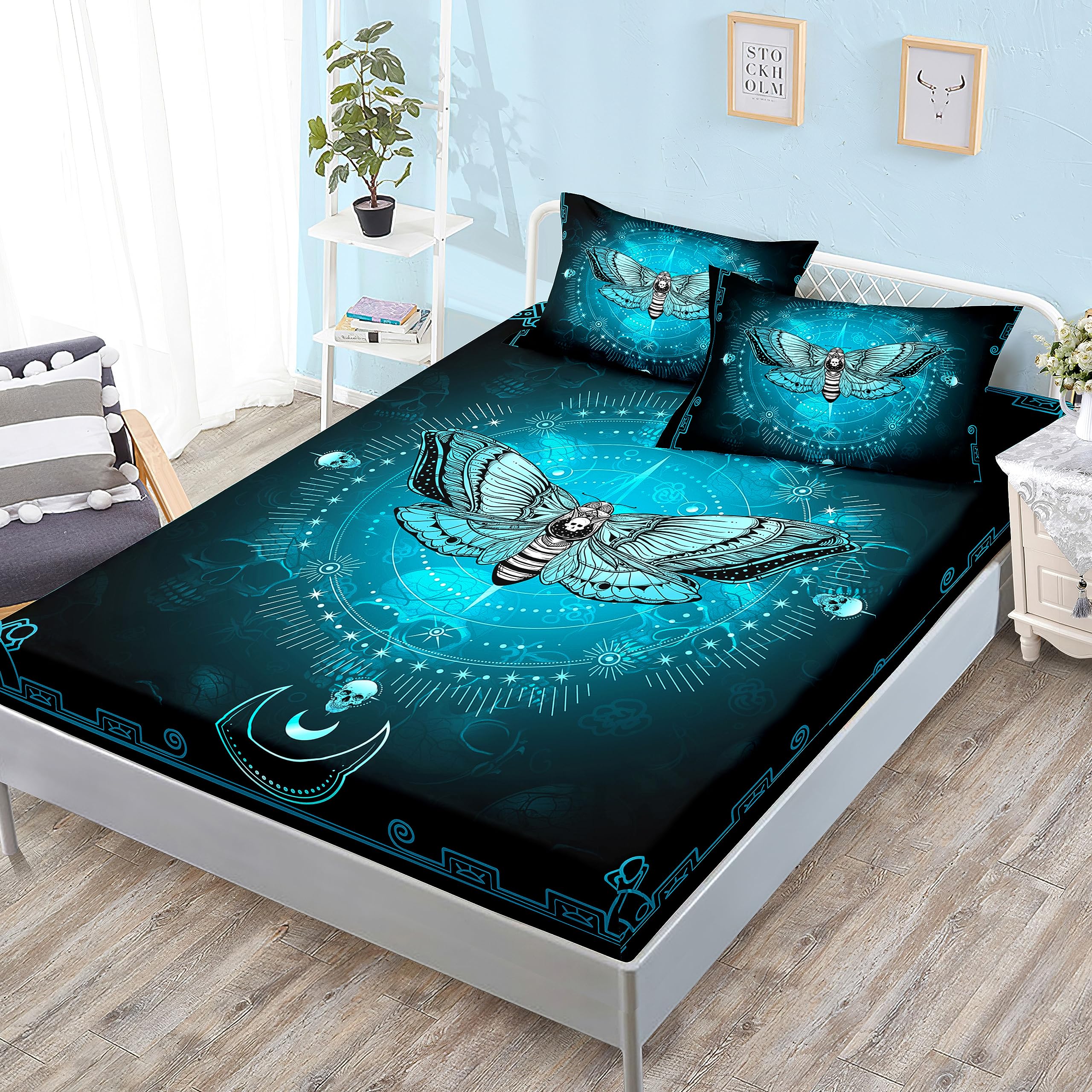 Hosima Goth Bedding Set 3 Pieces,Death Moth Skull Heads Fitted Sheets Queen Bedroom Set For Adults Boys Girls Room Decor,Horror