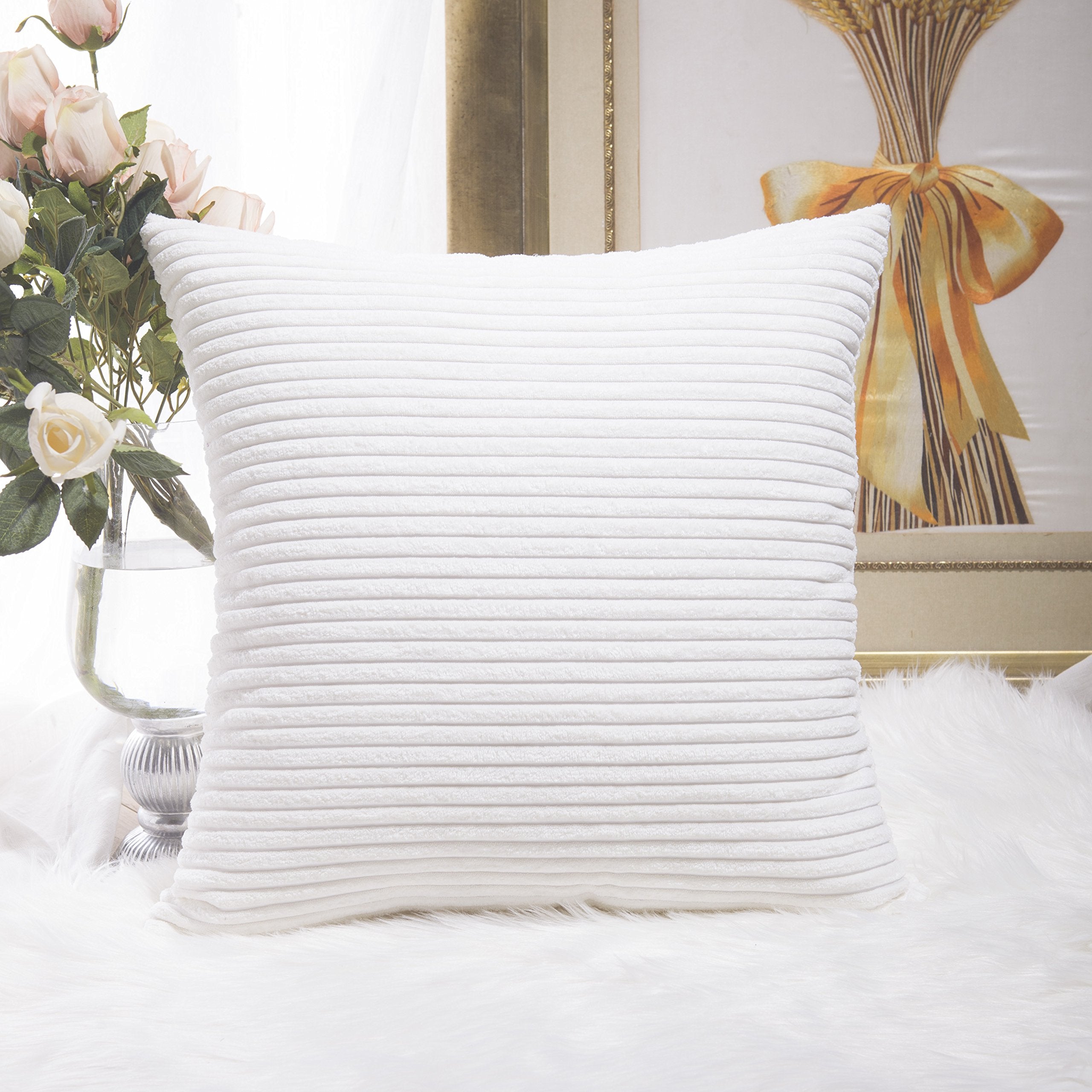 Home Brilliant Decor Striped Corduroy Velvet Cushion Cover For Baby Supersoft Decorative Pillowcase, Creamy White, 18X18 Inches(
