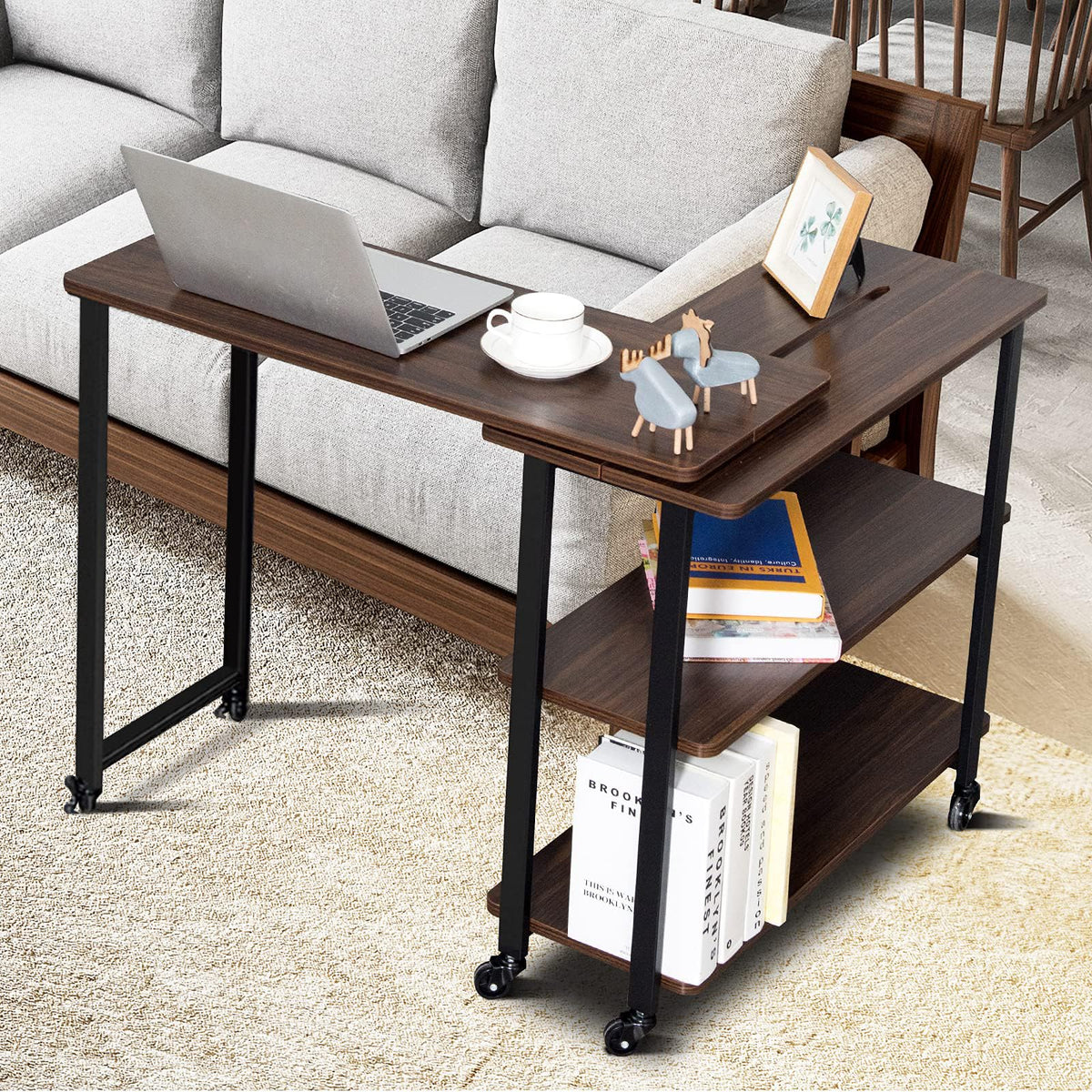 Tangkula 360° Free Rotating Sofa Side Table, Patented Mobile Couch Desk Table With 2-Tier Storage Shelves, Movable Laptop Table With Sturdy Metal Frame, Couch Side Table Snack Table For Home Office