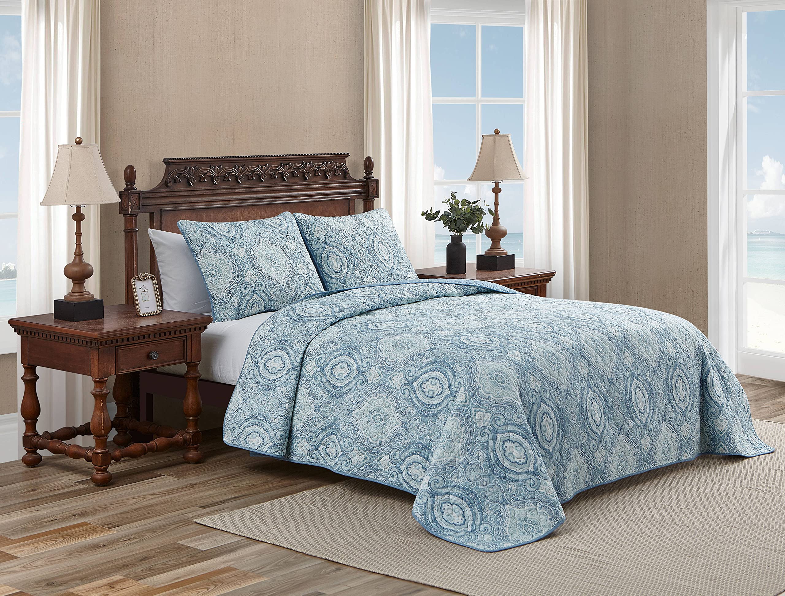 Tommy Bahama - Twin Quilt Set, Reversible Cotton Bedding with Matching Sham, Super Soft Bedding Set (Turtle Cove Caribbean Blue,