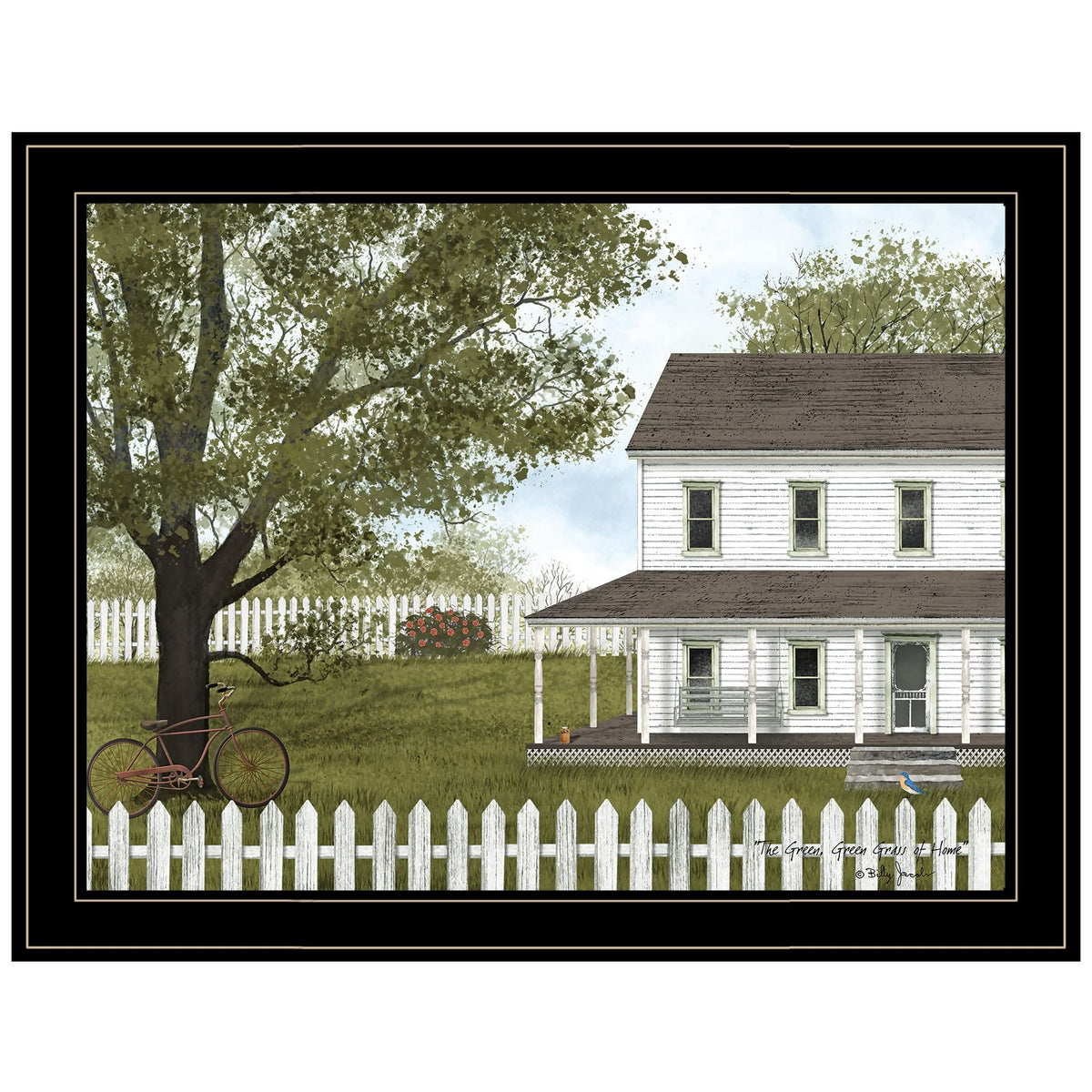 White Farmhouse with Picket Fence Black Framed Print Wall Art