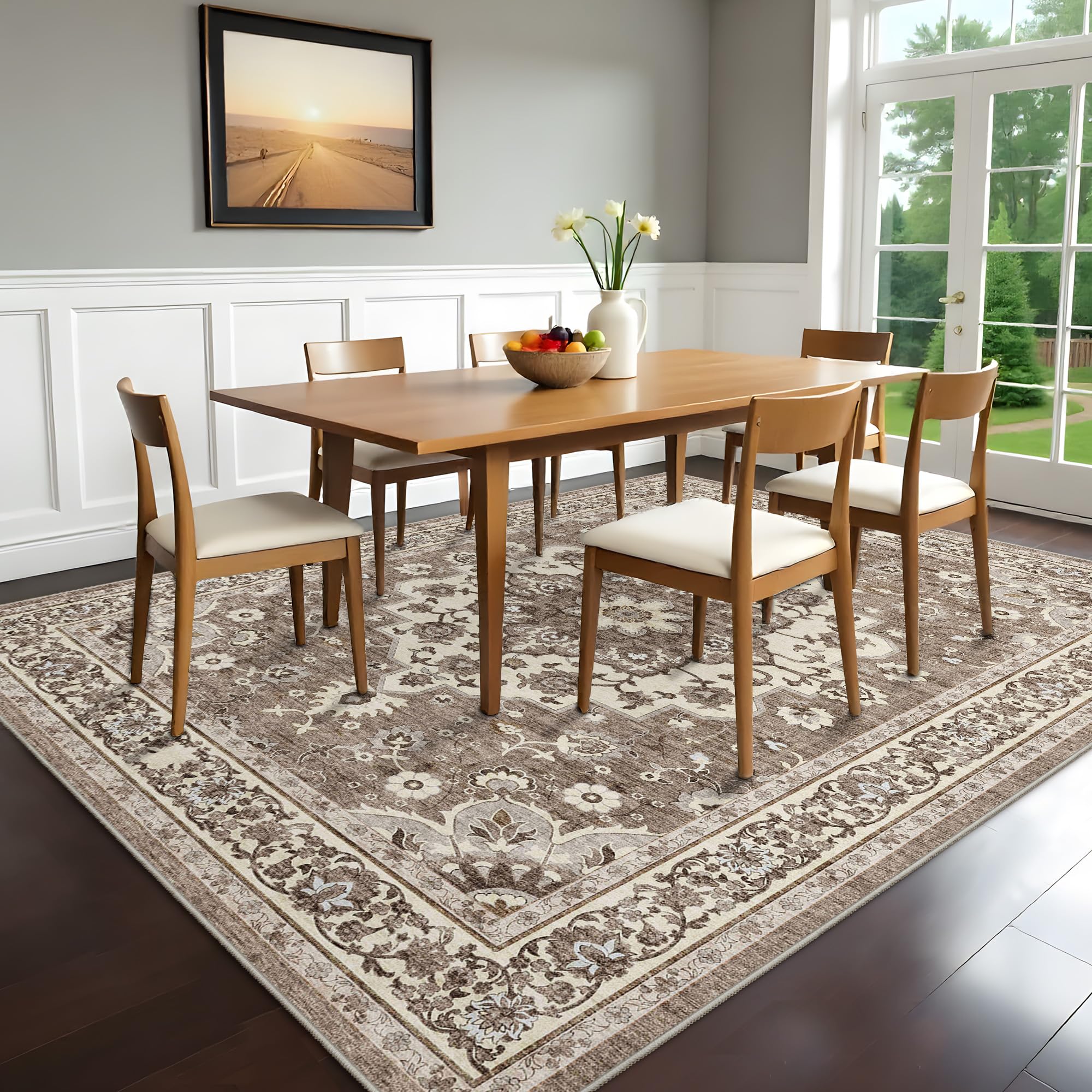 Dining Room Rugs for Under Table - Washable 6x8 Area Rug for Living Room Bedroom Soft Low Pile Non Slip Stain Resistant Carpet -