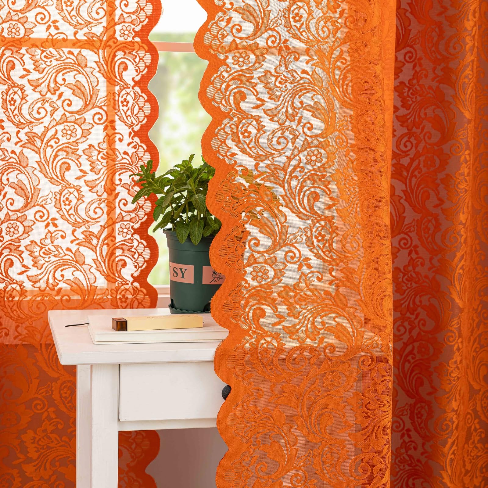 Aligogo Burnt Orange Curtains 84 Inches Long - Rustic Country Fall Curtains For Living Room 2 Panels Embroidered Floral Lace Rus
