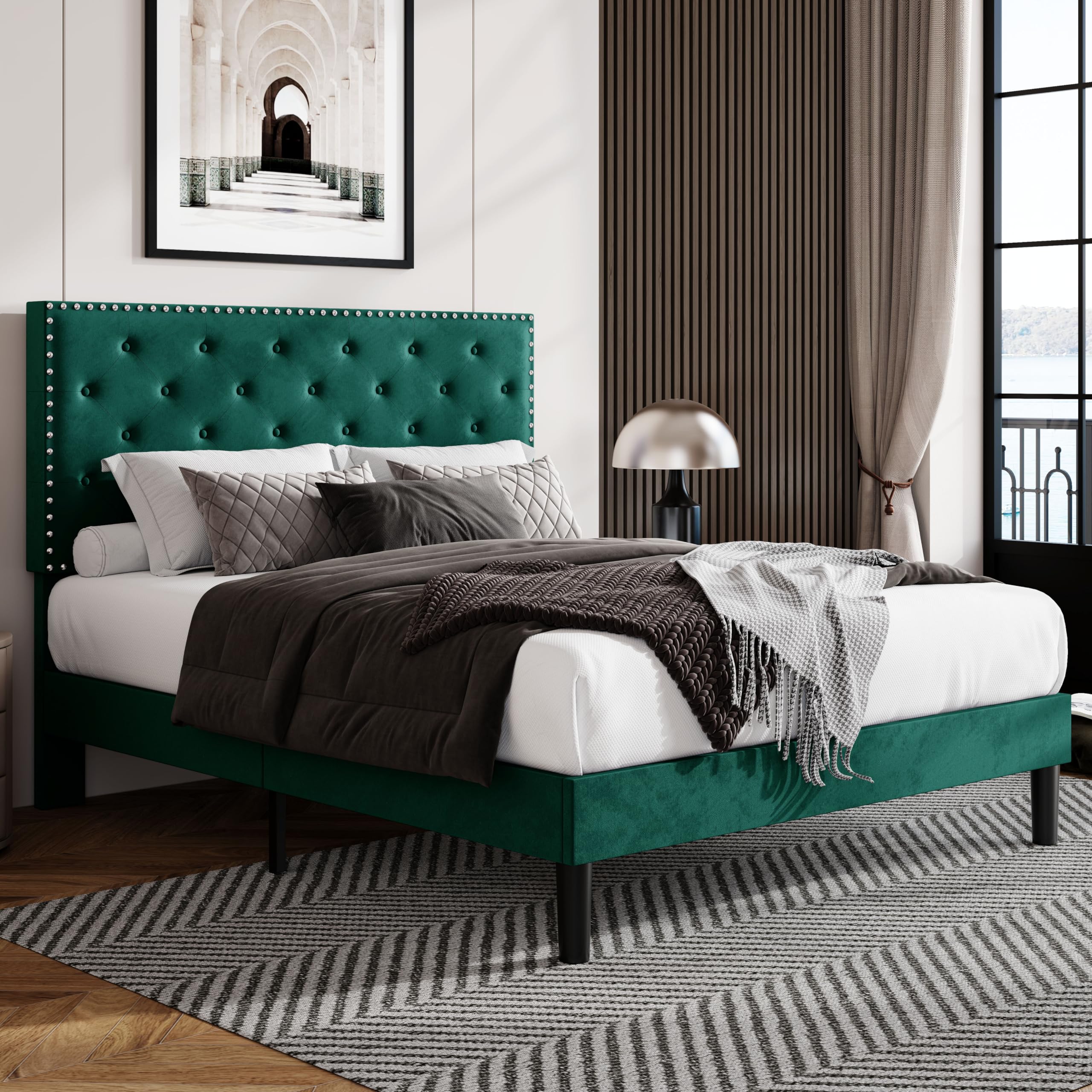 Allewie Queen Size Velvet Upholstered Platform Bed Frame With Adjustable Diamond Button Tufted And Nailhead Trim Headboard, Wood Slat Support, Easy Assembly, No Box Spring Needed, Dark Green