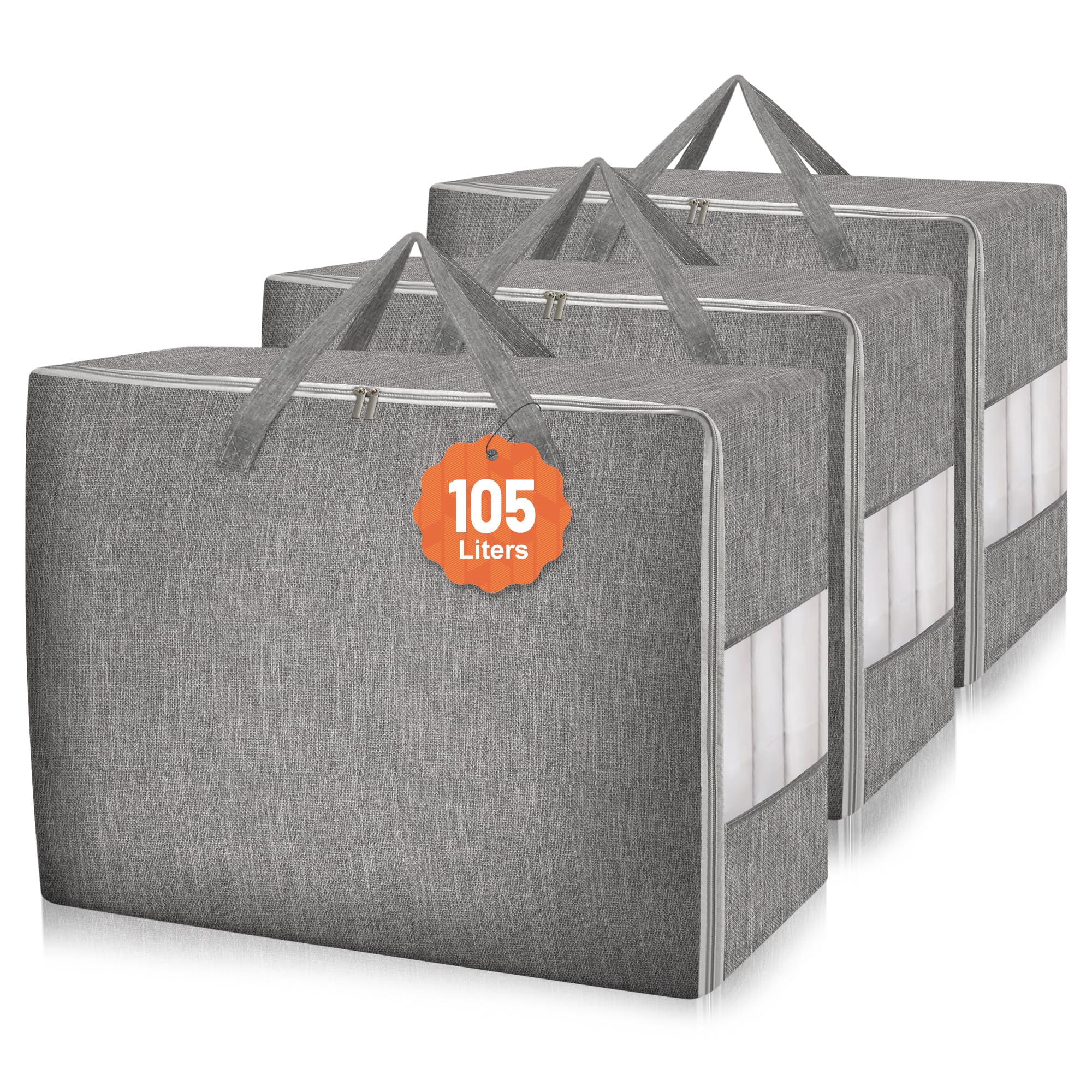 Karceyworth 3 Pack 105L Comforter Storage Bags, Extra Large Bedding Storage Bags with Sturdy Zipper and Reinforced Handle, Clear
