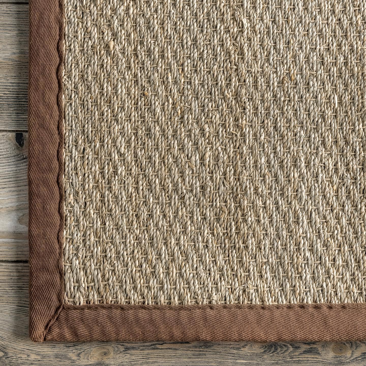 Nuloom 4X6 Elijah Seagrass Area Rug, Brown, Solid Farmhouse Style, Cotton Bordered, Basketweave, Natural Fiber, For Bedroom, Din