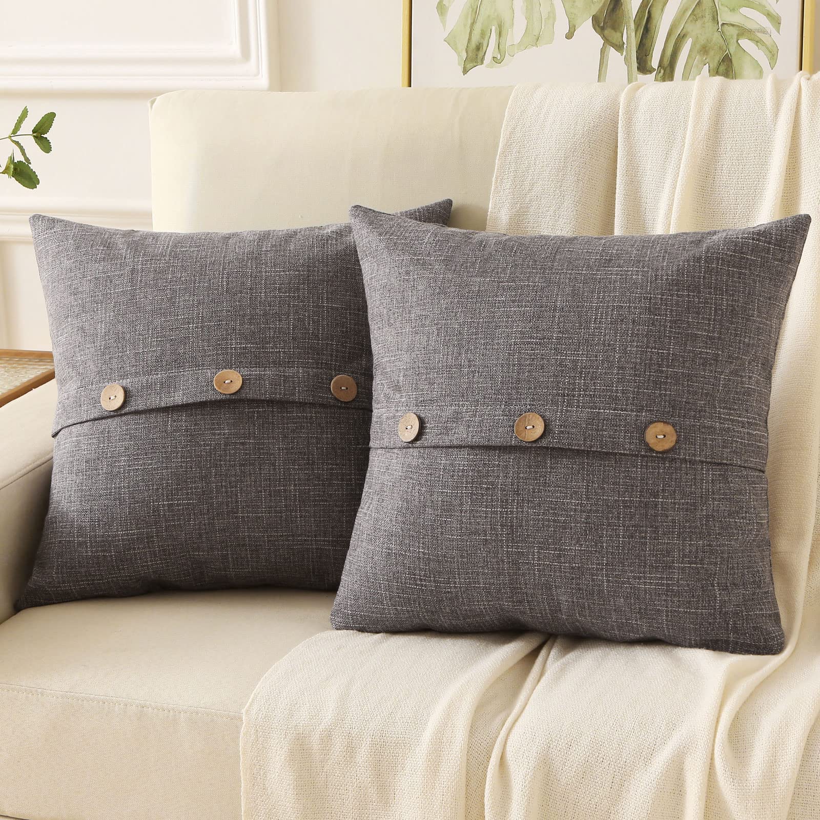 Haussy Dark Grey Linen Decorative Throw Pillow Covers 24X24 Inch Set Of 2, Square Euro Cushion Case With 3 Vintage Buttons,Moder