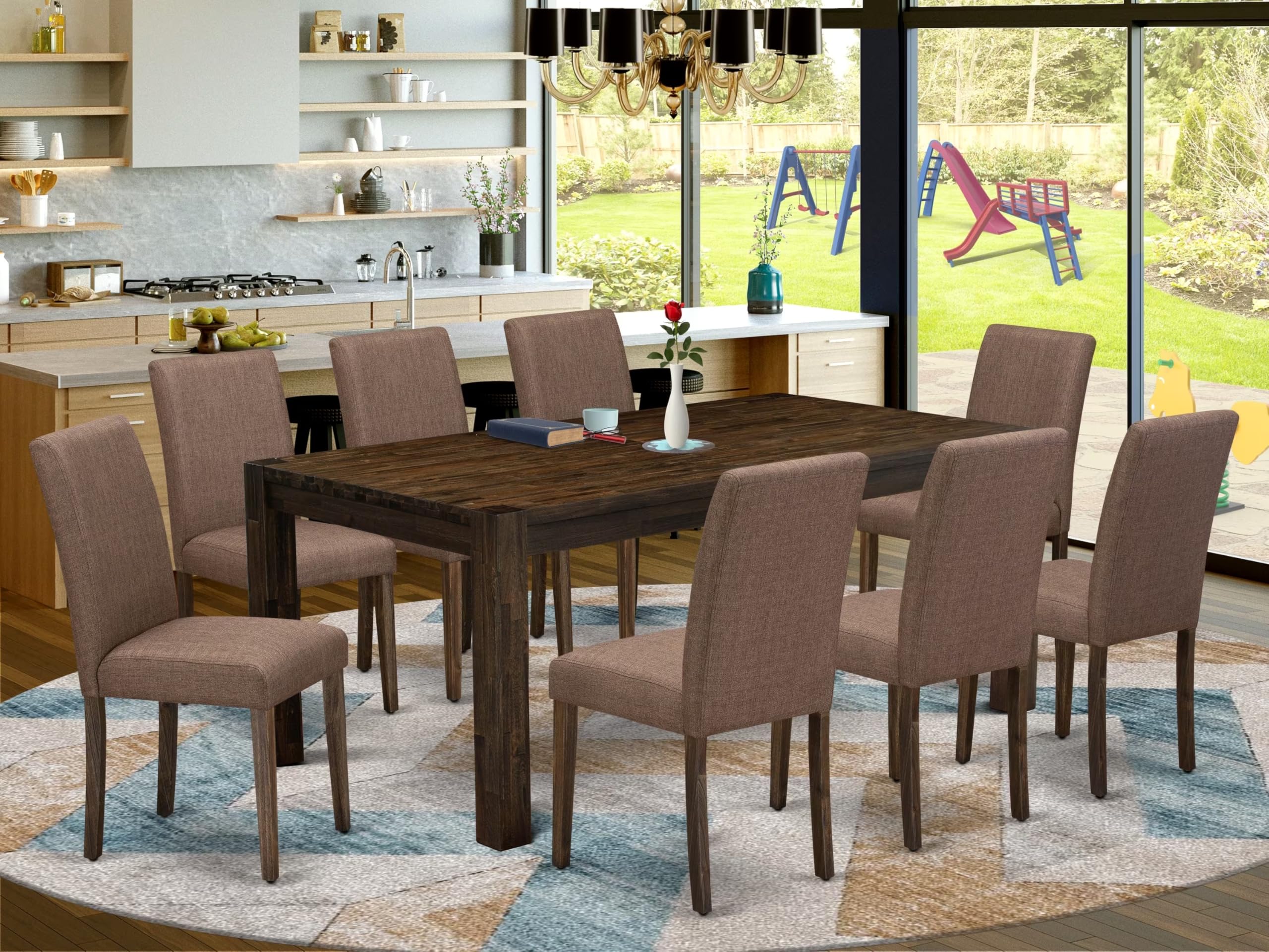 East West Furniture Lmab9-77-47 9 Piece Dining Room Set Includes A Rectangle Rustic Wood Kitchen Table And 8 Light Sable Linen Fabric Upholstered Parson Chairs, 40X72 Inch, Jacobean