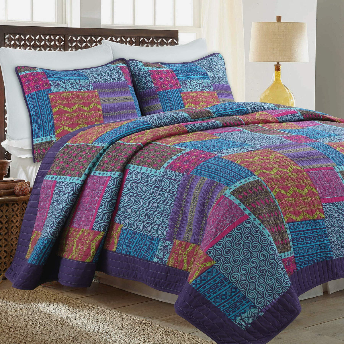Cozy Line Home Fashions 100% Cotton Bohemian Purple Blueberry Fuchsia Quilt Bedding Set, Reversible Coverlet, Bedspread Set (Boh
