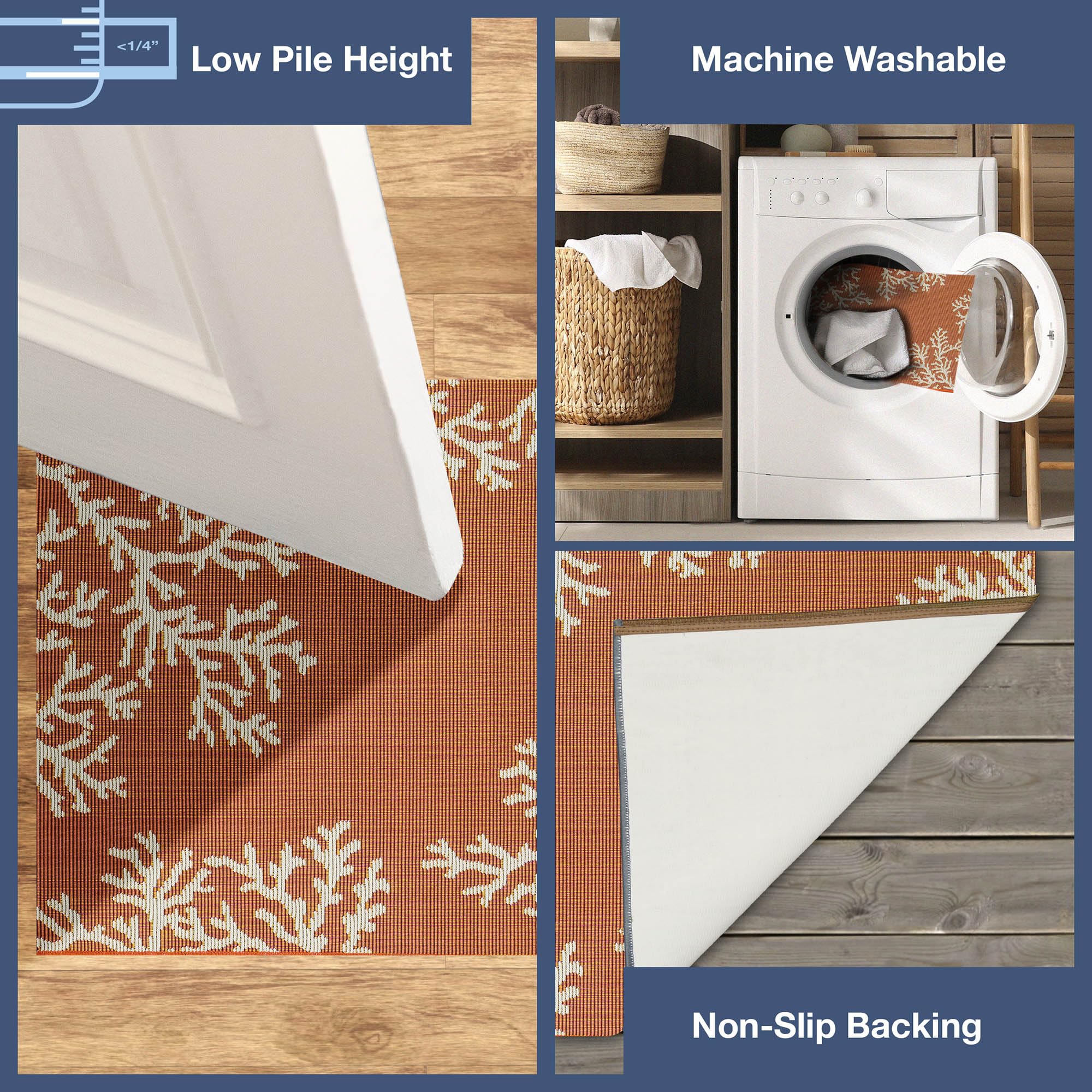 Liora Manne Esencia Machine Washable Non-Slip Low Profile Indoor/Outdoor Mat-Transitional, Coastal, Beach, Border, Coral Edge Sunset 2' X 2'10'