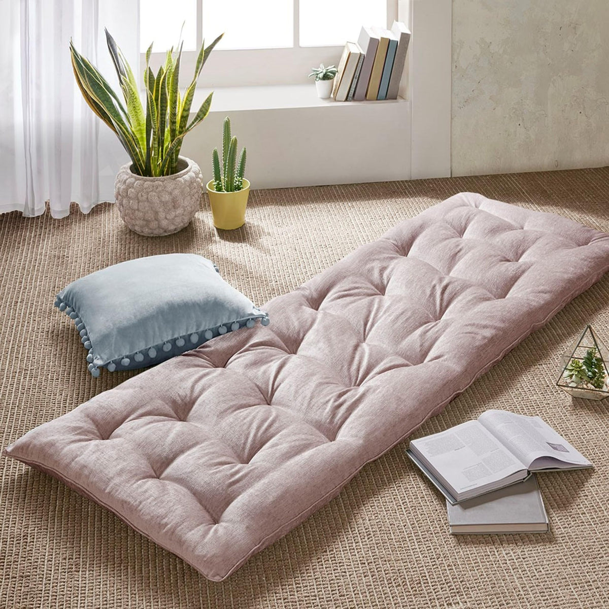 Intelligent Design Edelia Foldable Poly Chenille Light Weight Lounge Floor Pillow Cushion Tufted Seat For Meditation, Game Playing, Yoga, Reading With Travel Wrap, 27'W X 74'L, Blush